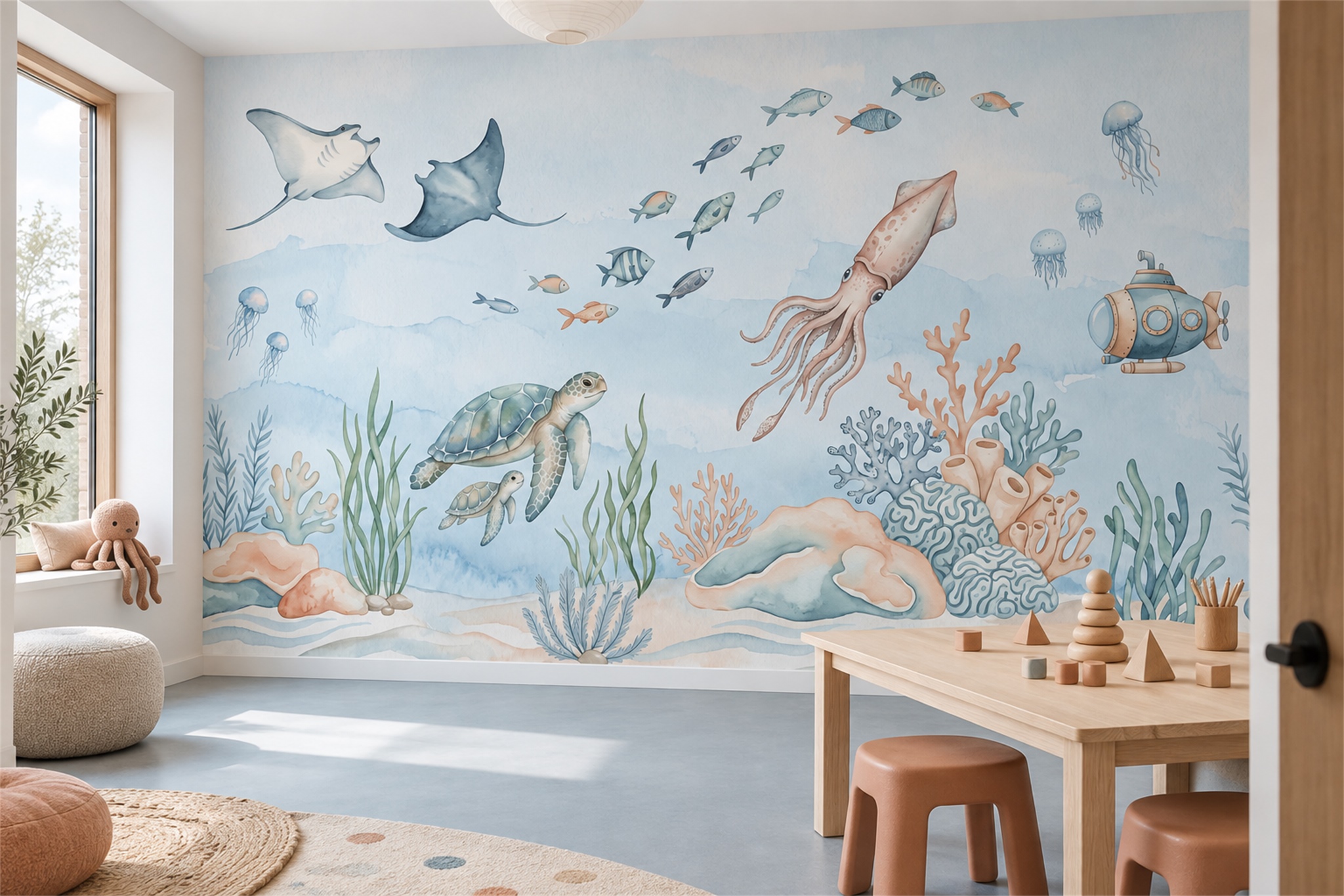 Aqua Ocean Scenic Decorative Wallpaper Mural Home-office-wallpaper-murals, Peel-and-stick Finish