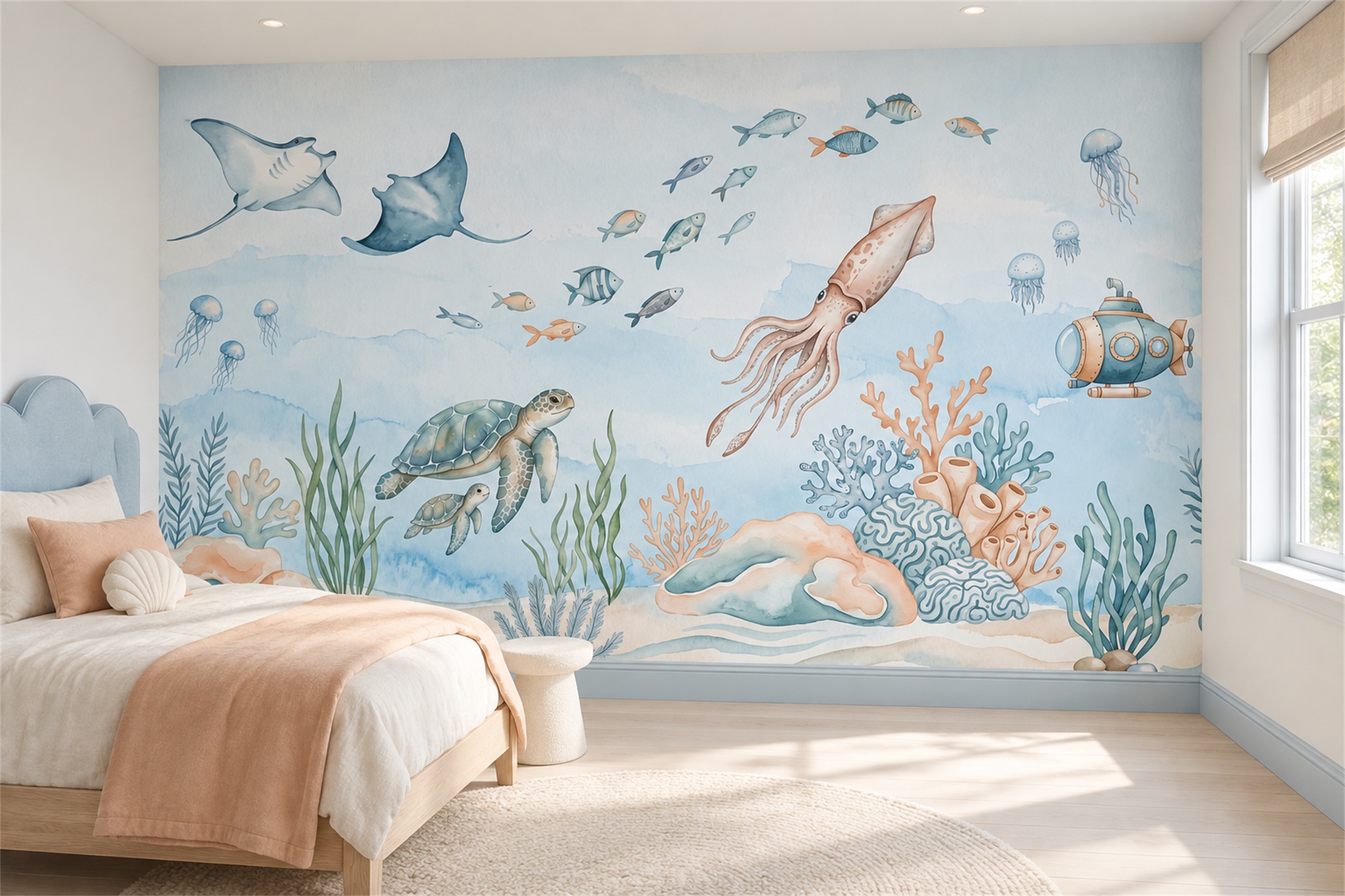 Aqua Ocean Scenic Decorative Wallpaper Mural Accent-wall-wallpaper-murals, Peel-and-stick Finish