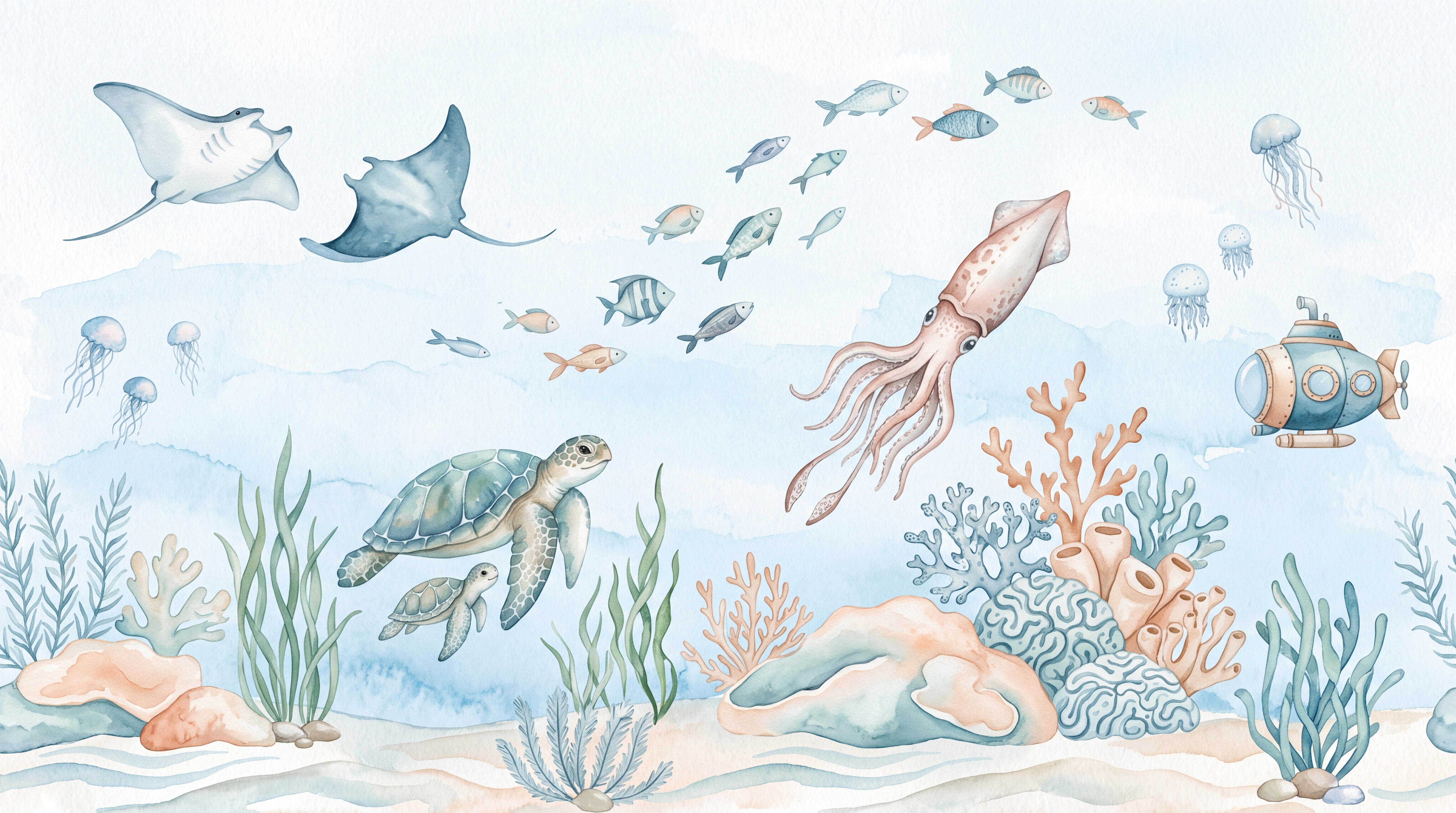 Aqua Ocean Scenic Decorative Wallpaper Mural Accent-wall-wallpaper-murals, Peel-and-stick Finish
