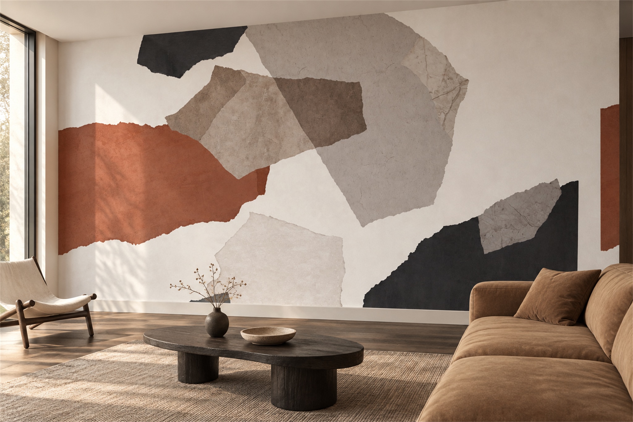 Rust And Charcoal Torn Paper Geometric Wallpaper Mural — Wallpaper Mural Design, Peel-and-stick Finish