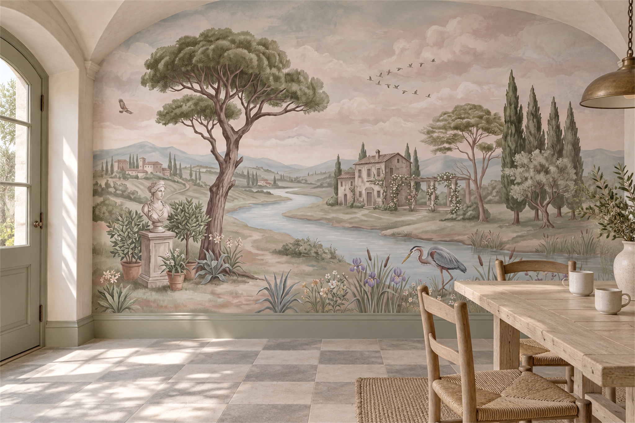 Sage Landscape Scenic Wallpaper Mural Dining-room-wallpaper-murals, Shown In A Dining Room, Peel-and-stick Finish