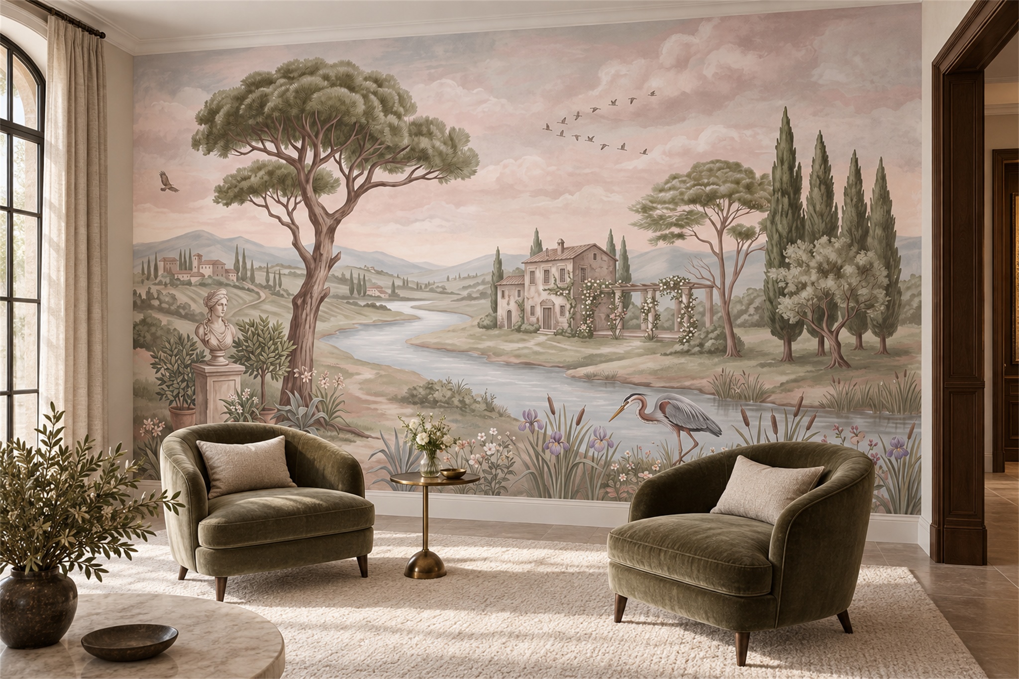 Sage Tuscan Villa And River Landscape Wallpaper Mural — Wallpaper Mural Design, Peel-and-stick Finish