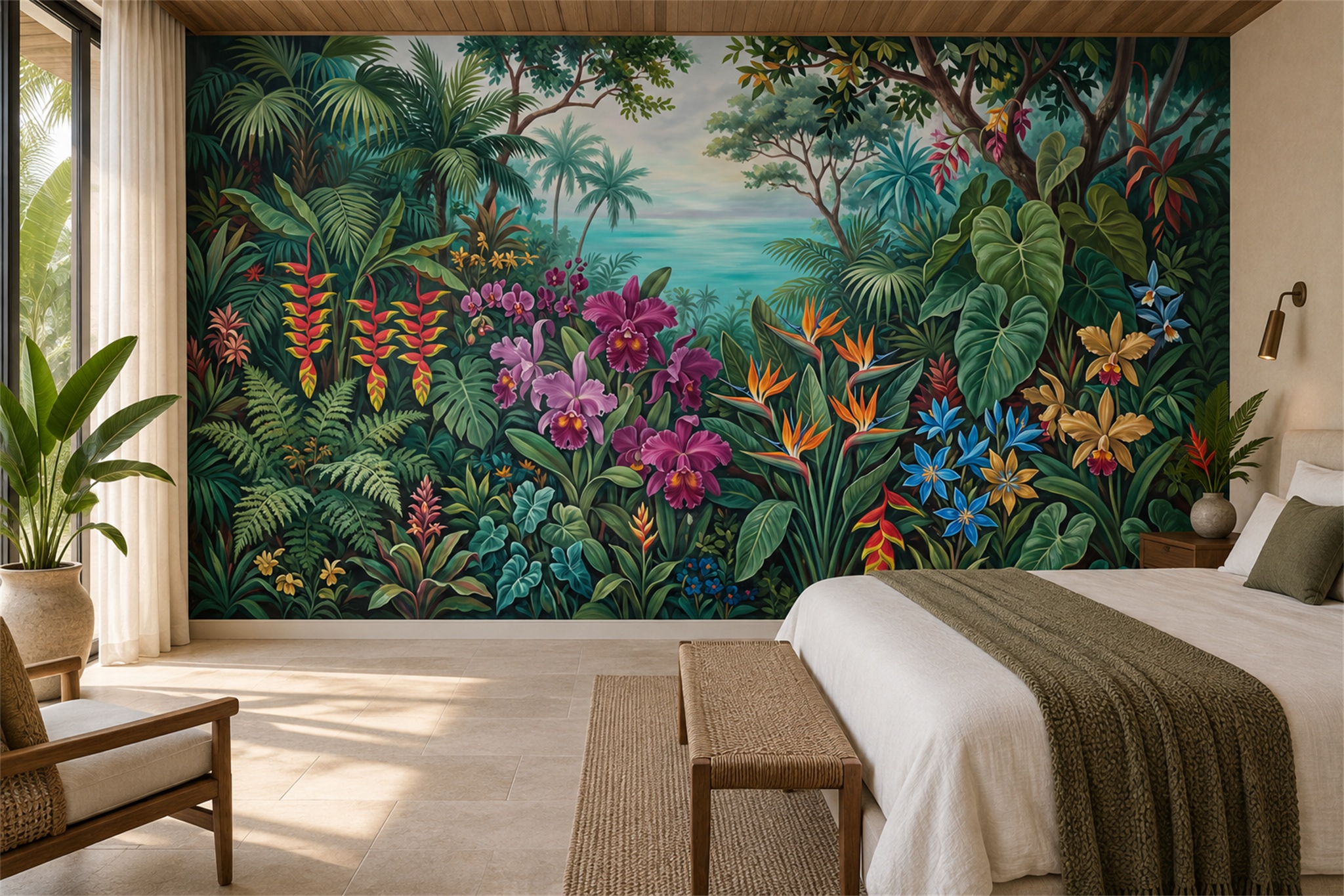 Teal Tropical Rainforest Flowers And Birds Wallpaper Mural — Installed Wallpaper Mural In A Bedroom, Peel-and-stick Finish