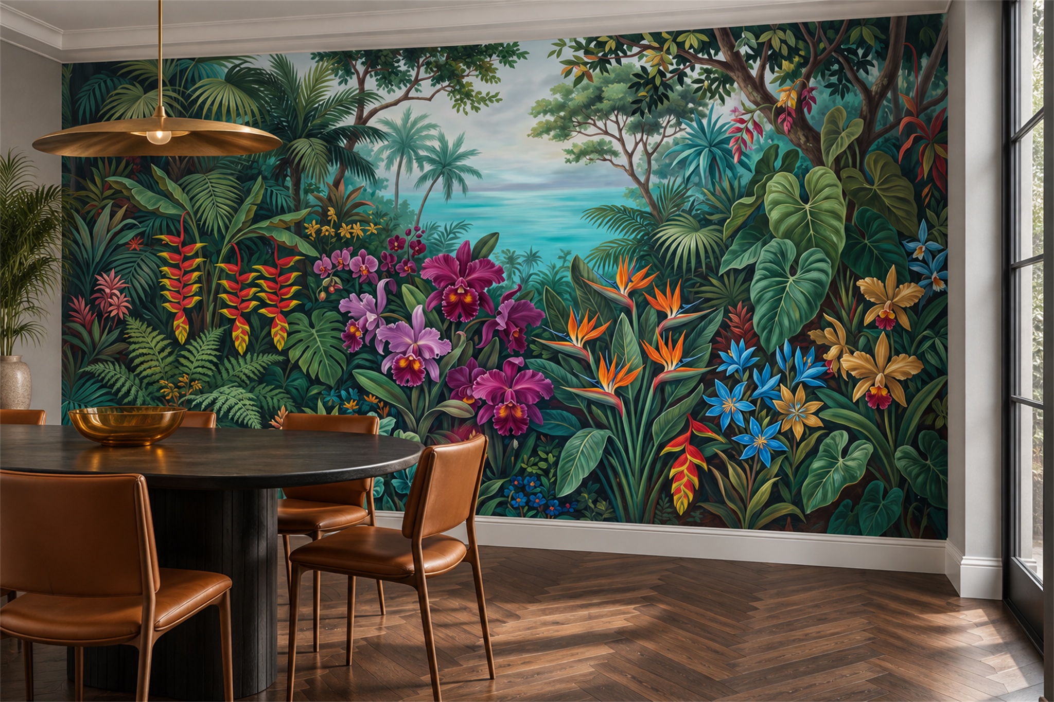 Teal Jungle Scenic Wallpaper Mural Dining-room-wallpaper-murals, Shown In A Dining Room, Peel-and-stick Finish