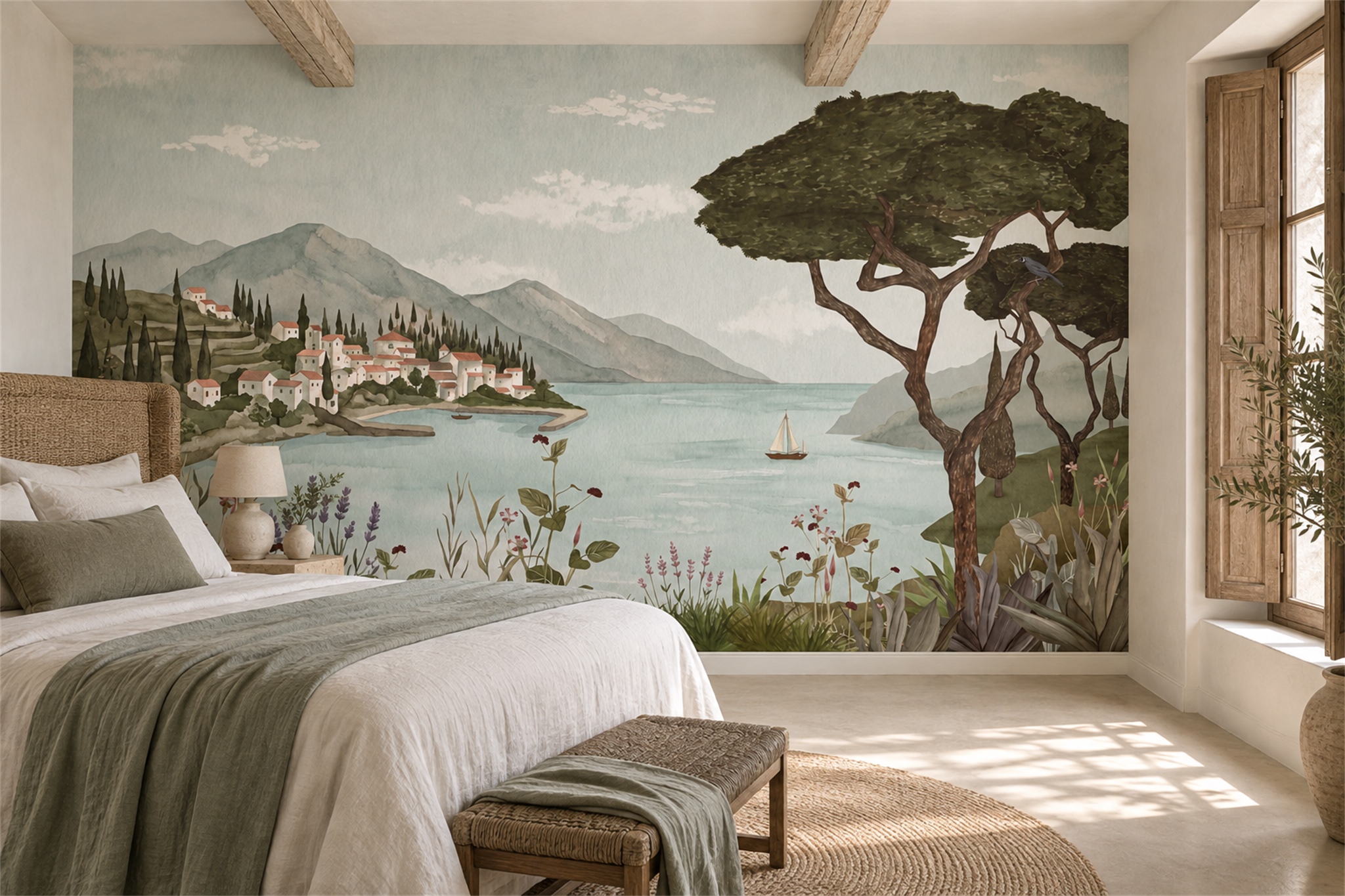 Olive Coastal Village And Bay With Sailing Boat Wallpaper Mural — Installed Wallpaper Mural In A Bedroom, Peel-and-stick Finish