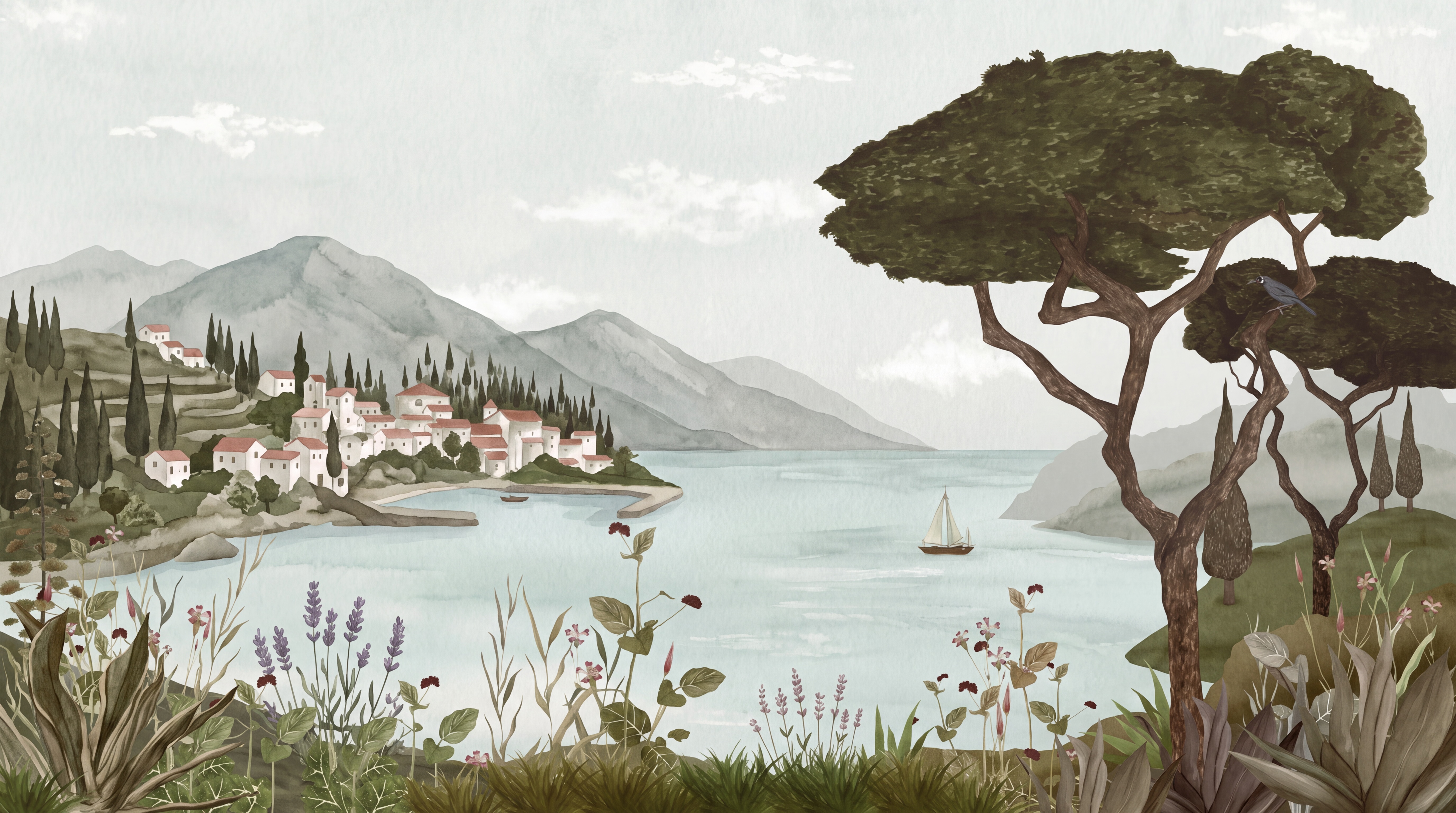 Olive Coastal Scenic Wallpaper Mural, Peel-and-stick Finish