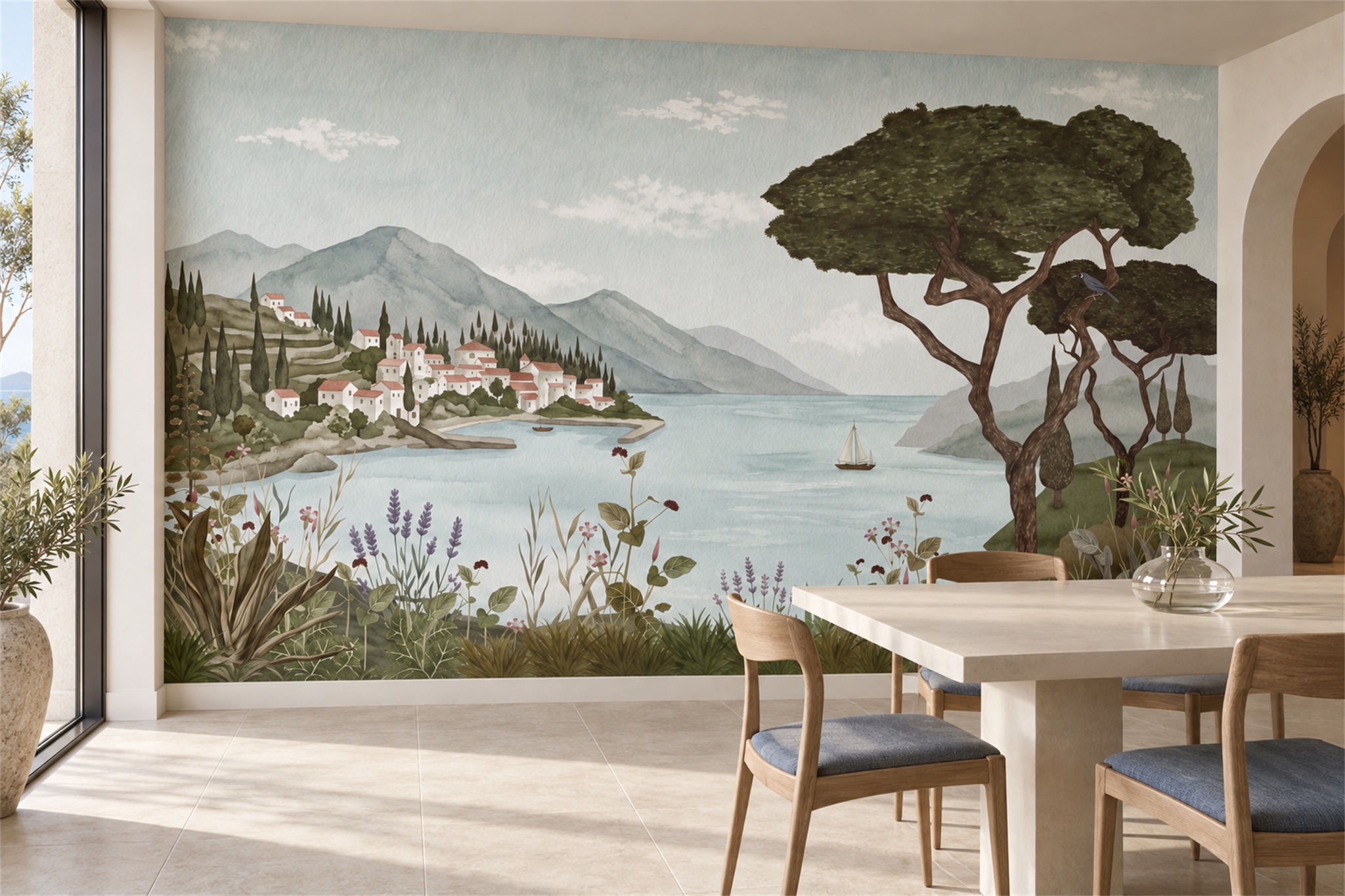 Olive Coastal Scenic Wallpaper Mural Dining-room-wallpaper-murals, Shown In A Dining Room, Peel-and-stick Finish