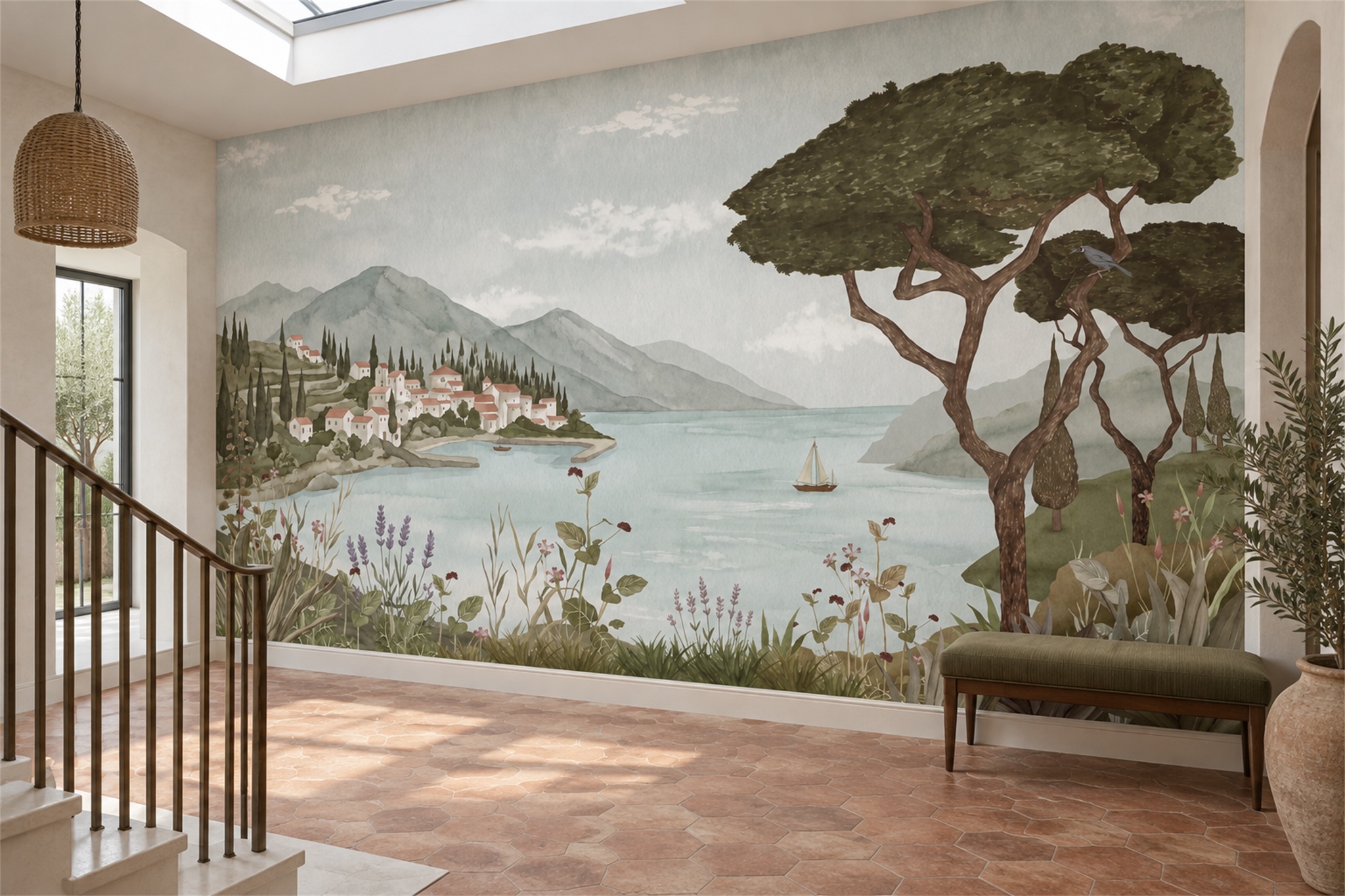 Olive Coastal Scenic Wallpaper Mural Bedroom-wallpaper-murals, Peel-and-stick Finish