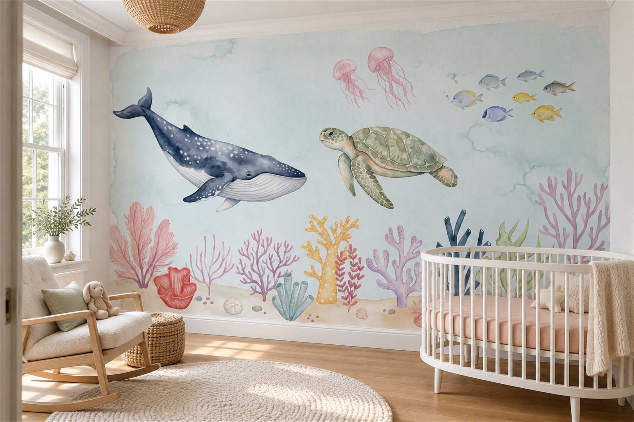 Blue Whale Wallpaper Mural, Shown In A Nursery, Peel-and-stick Finish