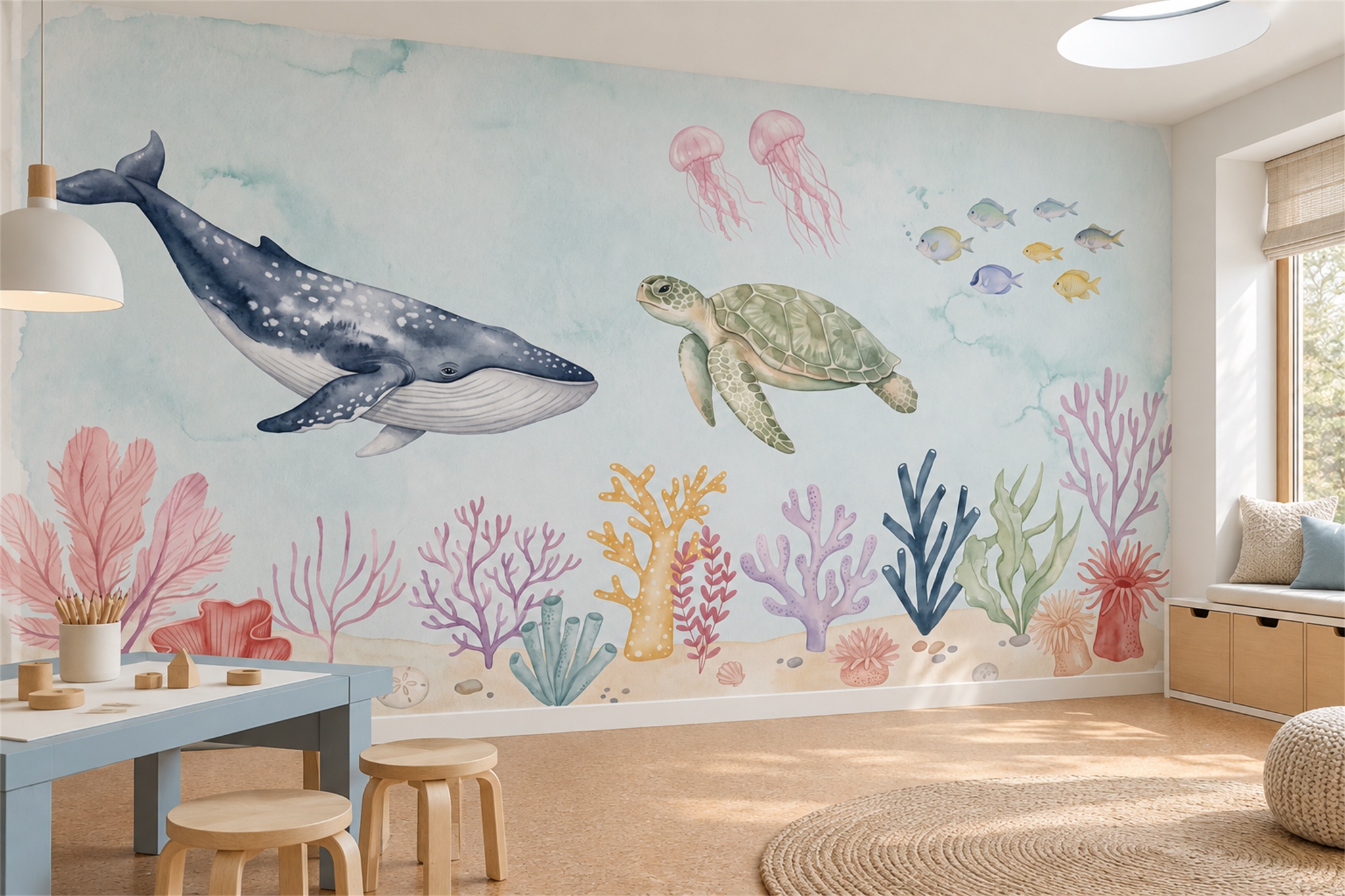 Blue Whale Wallpaper Mural, Shown In A Home Office, Peel-and-stick Finish
