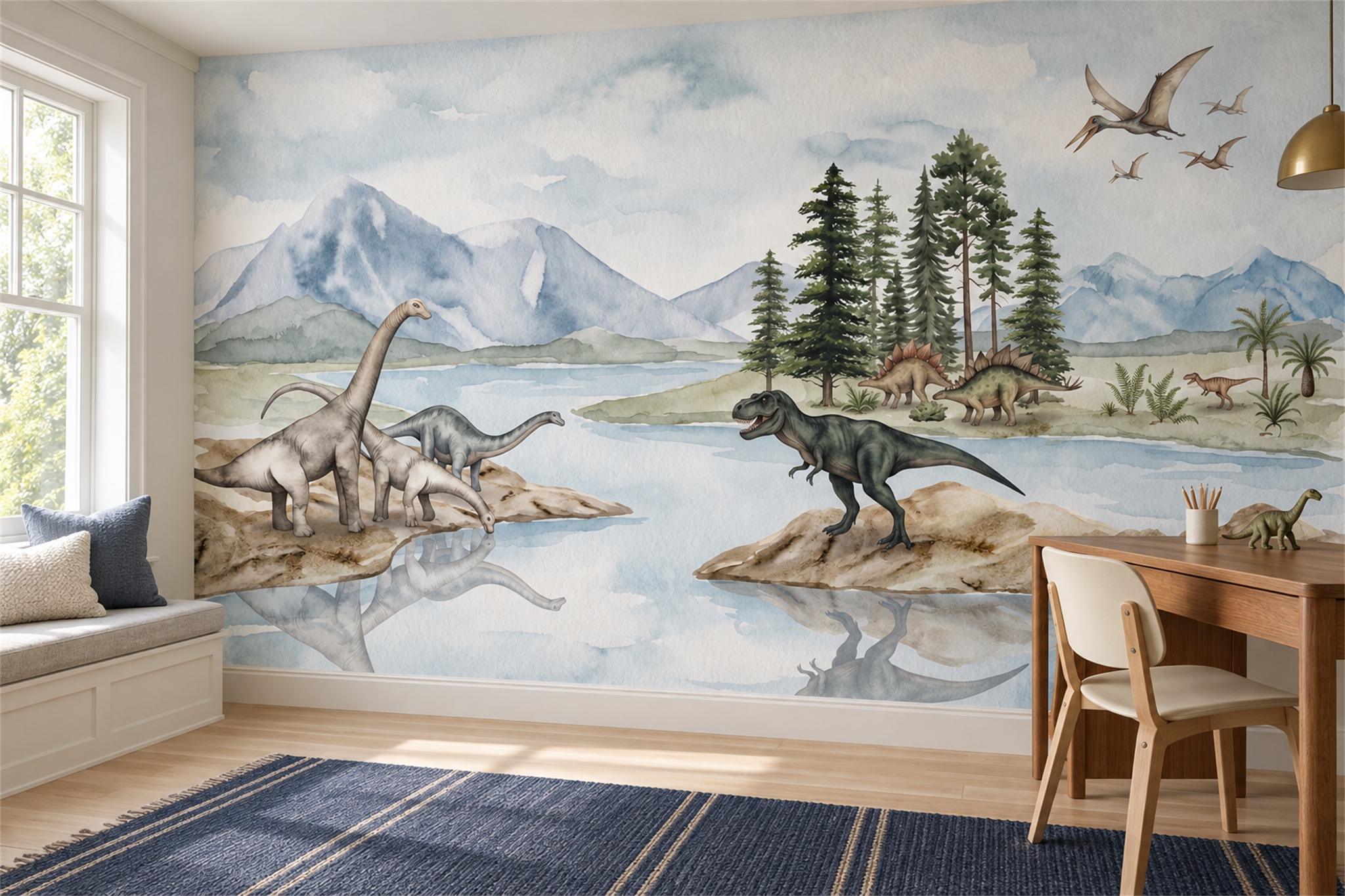 Sage Dinosaur River Valley Wallpaper Mural — Wallpaper Mural Design, Peel-and-stick Finish