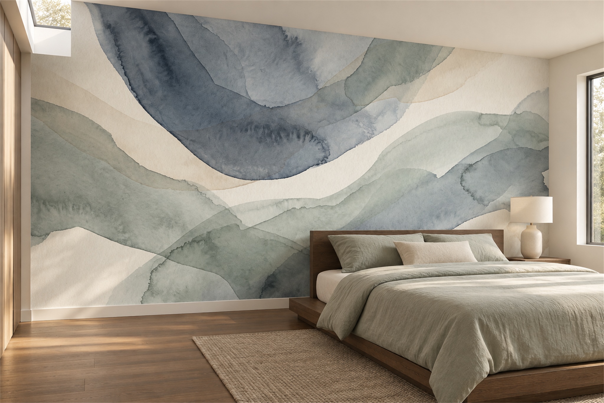 Blue Washed Artful Abstract Wallpaper Mural Bedroom-wallpaper-murals, Peel-and-stick Finish
