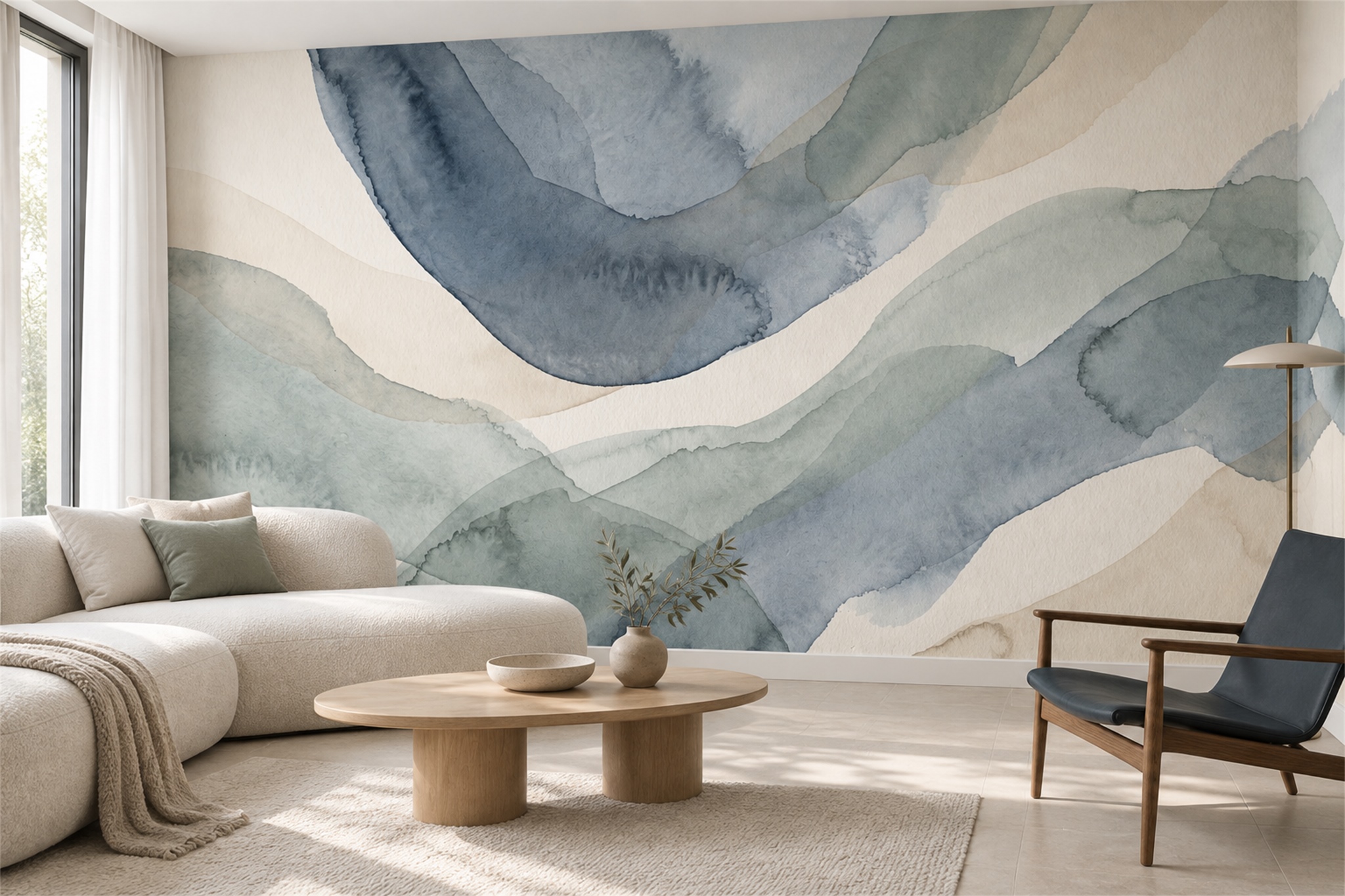 Blue Washed Artful Abstract Wallpaper Mural Accent-wall-wallpaper-murals, Peel-and-stick Finish