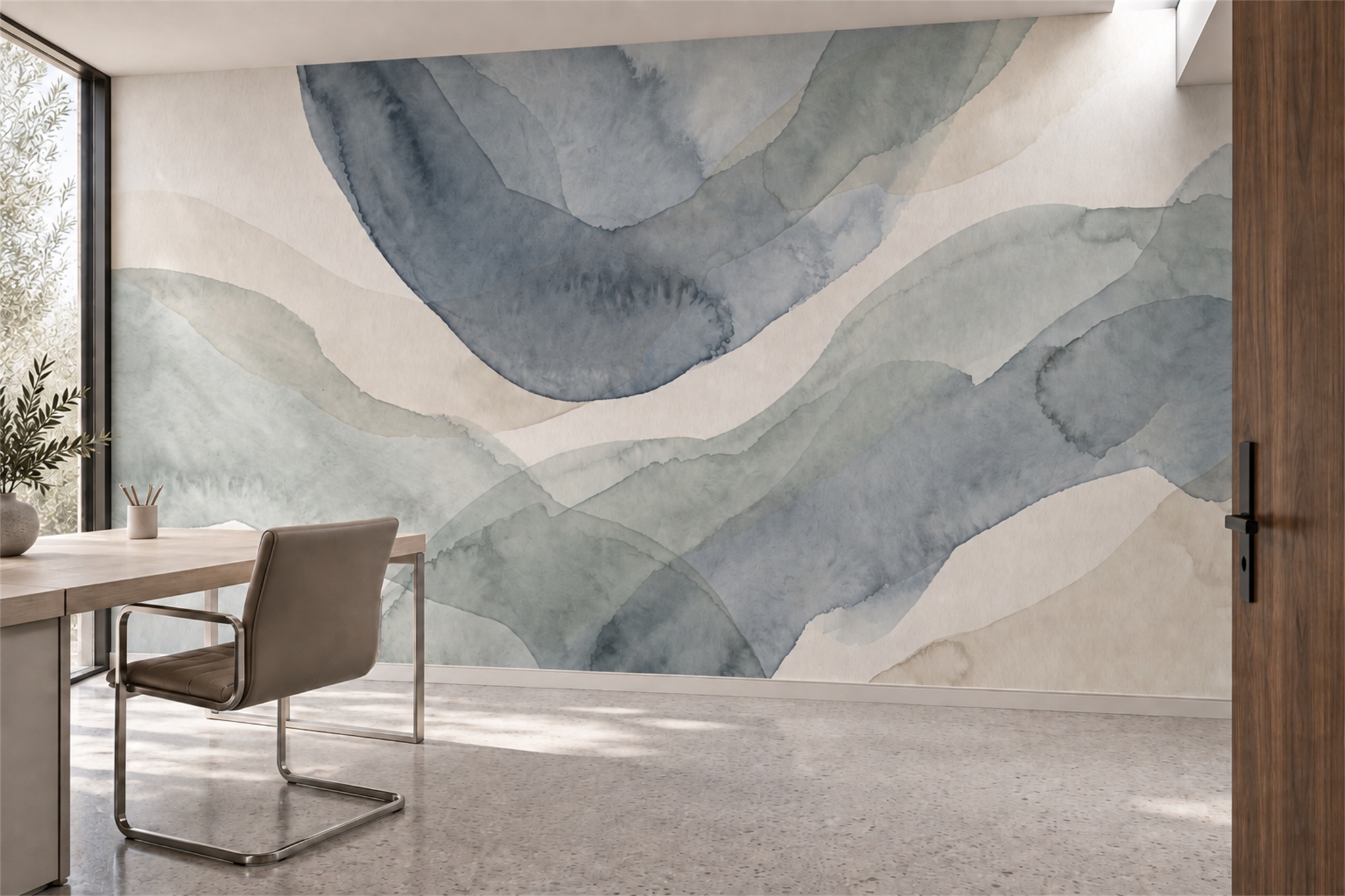 Blue Washed Artful Abstract Wallpaper Mural Accent-wall-wallpaper-murals, Peel-and-stick Finish