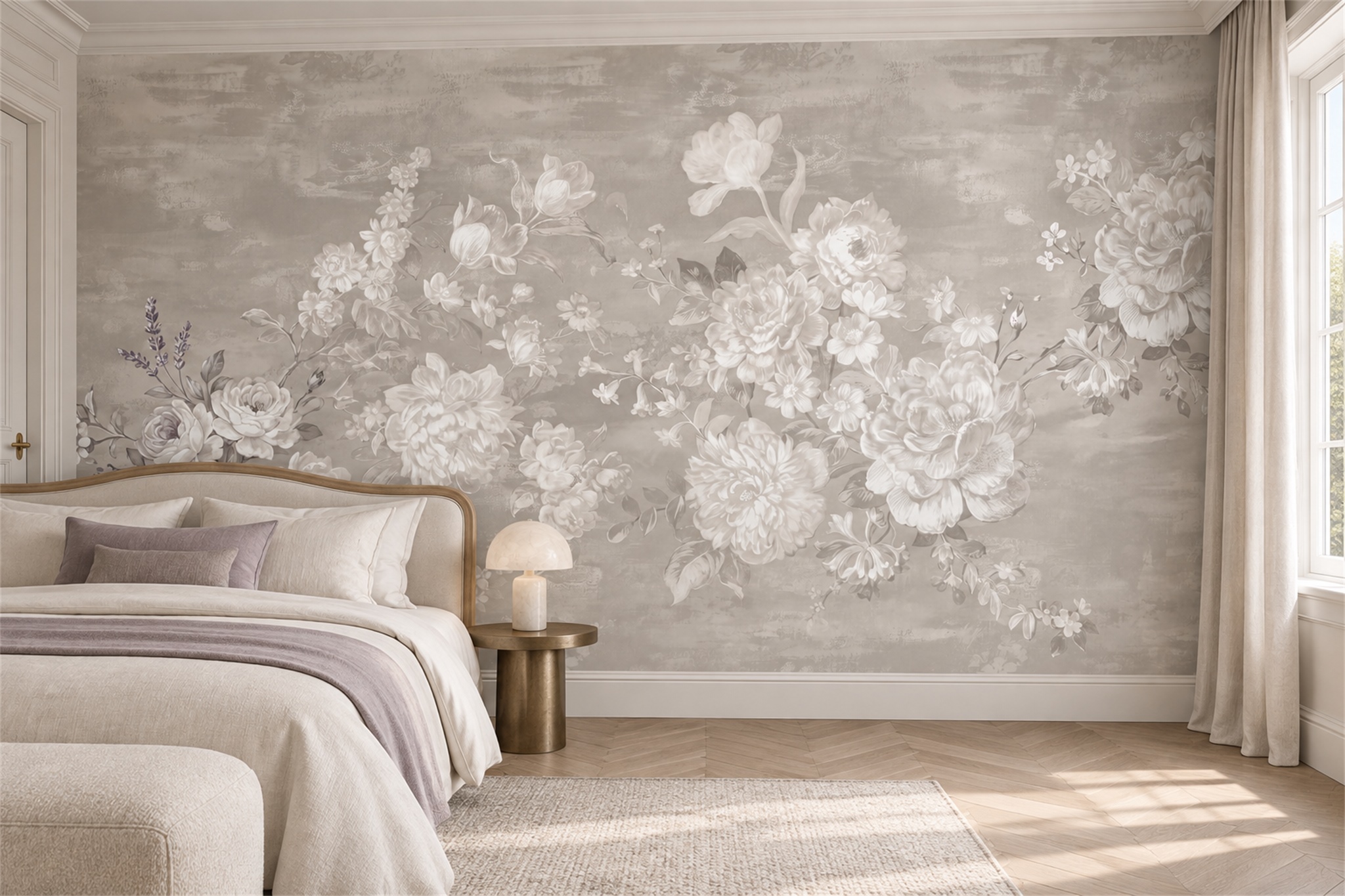 Taupe Floral Botanical Decorative Wallpaper Mural Bedroom-wallpaper-murals, Peel-and-stick Finish
