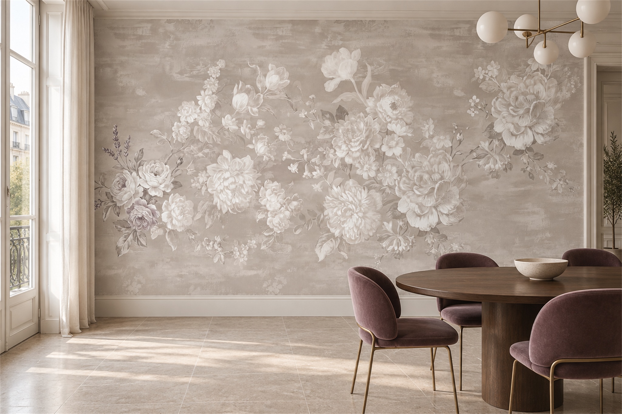 Taupe Floral Botanical Decorative Wallpaper Mural Dining-room-wallpaper-murals, Shown In A Dining Room, Peel-and-stick Finish