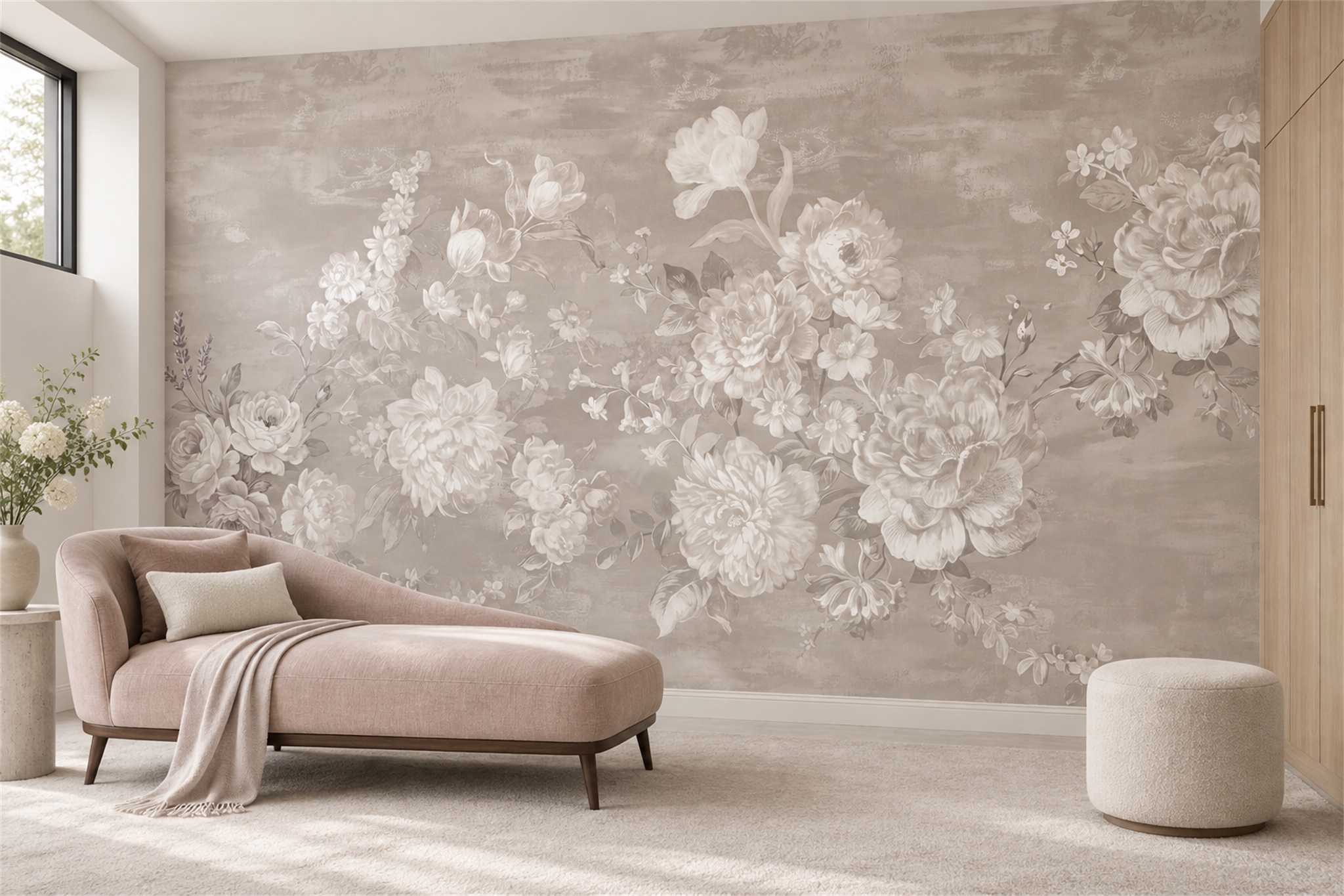 Taupe White Blossom Floral Wallpaper Mural — Wallpaper Mural Design, Peel-and-stick Finish