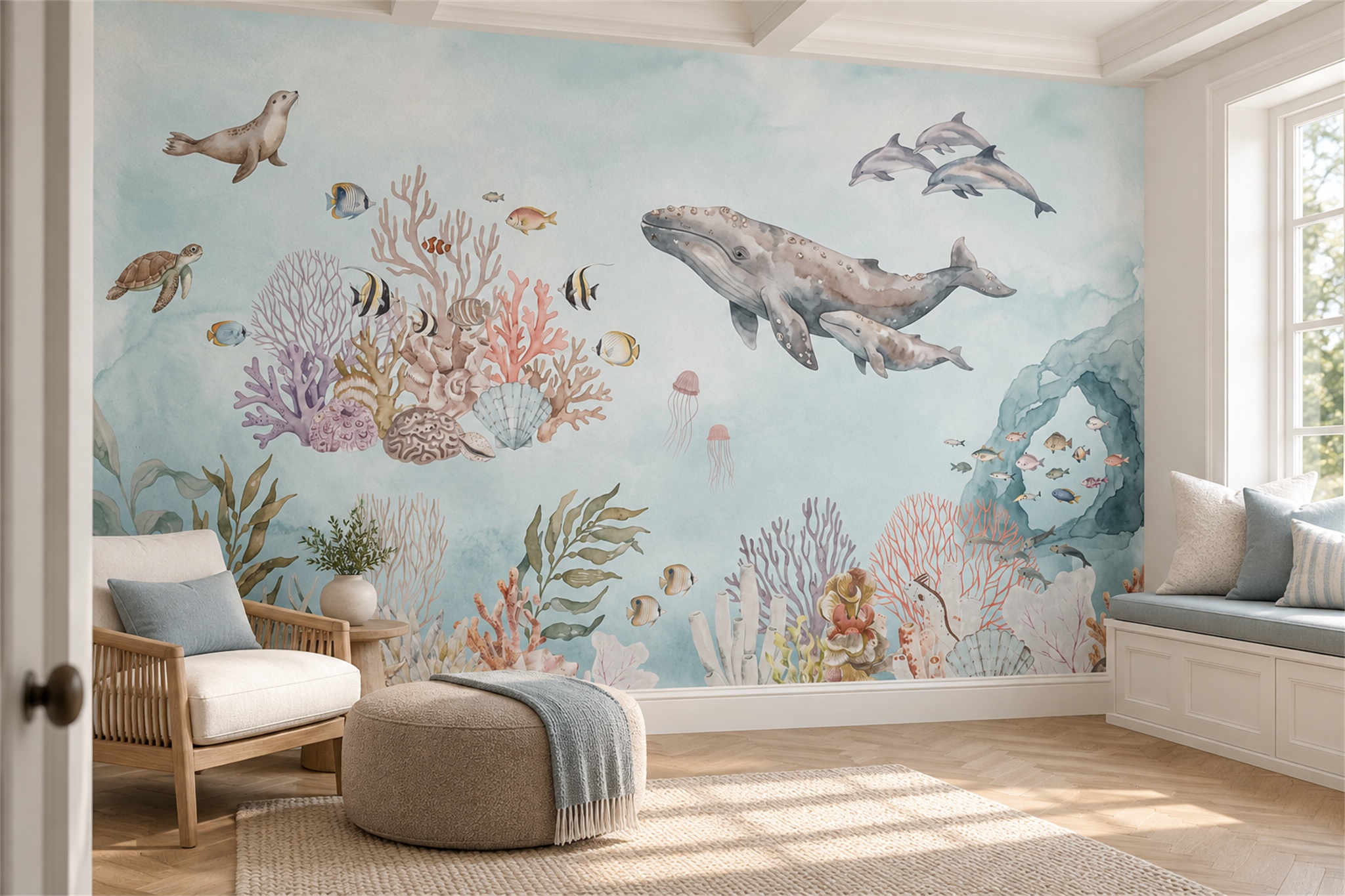 Whales And Coral Reef Ocean Wallpaper Mural — Wallpaper Mural Design, Peel-and-stick Finish