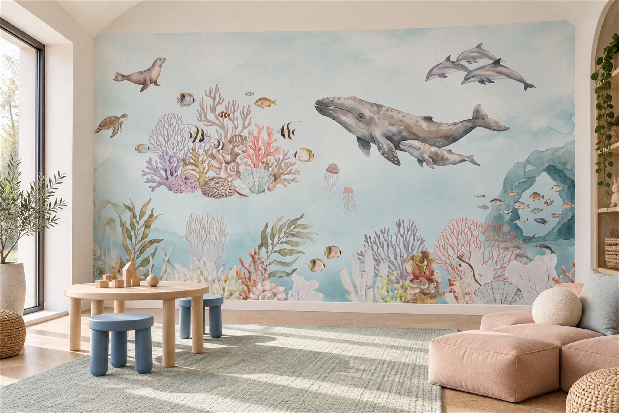 Aqua Pattern Decorative Organic Wallpaper Mural Accent-wall-wallpaper-murals, Peel-and-stick Finish