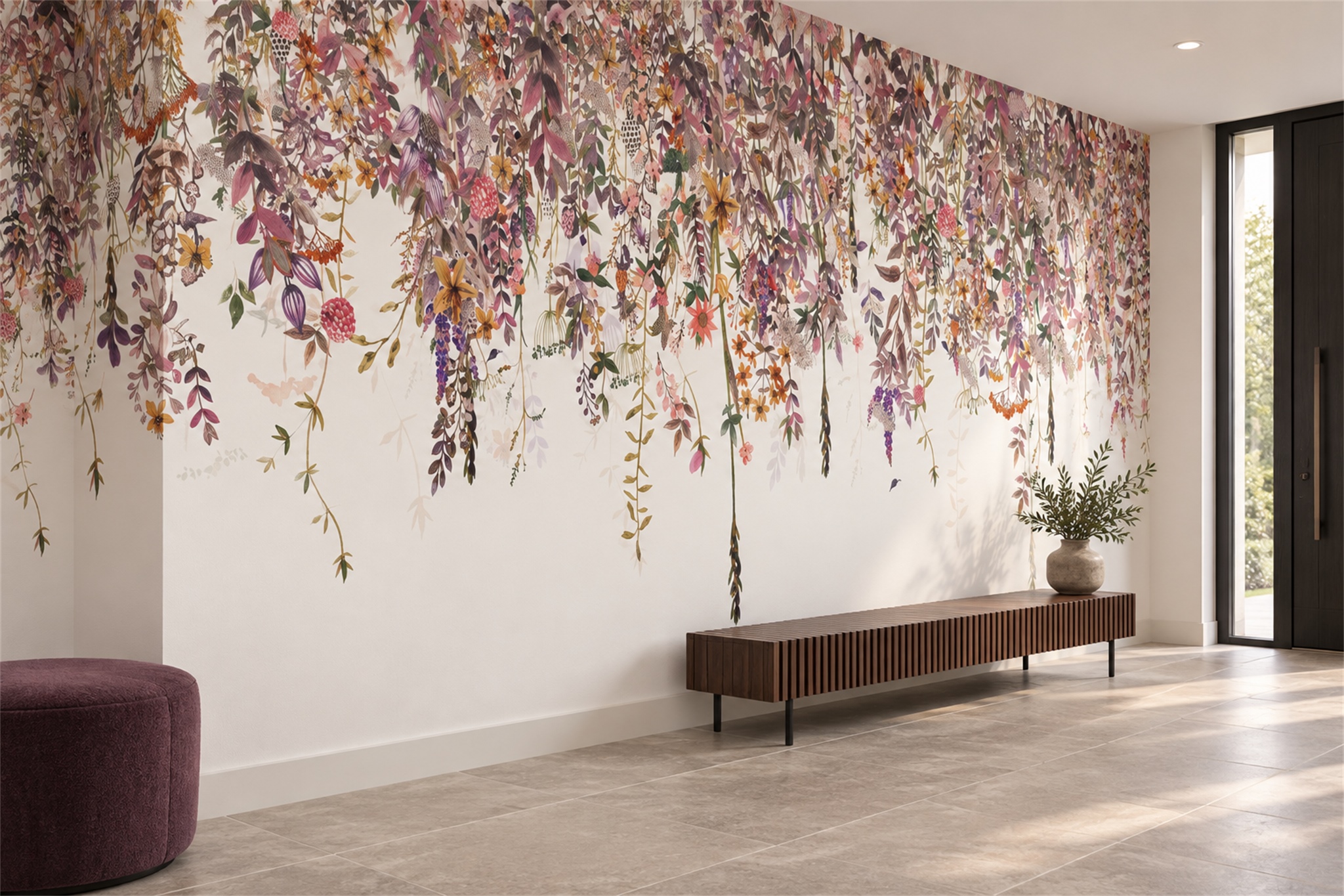 Pink Vine Botanical Abstract Wallpaper Mural Entryway-wallpaper-murals, Peel-and-stick Finish