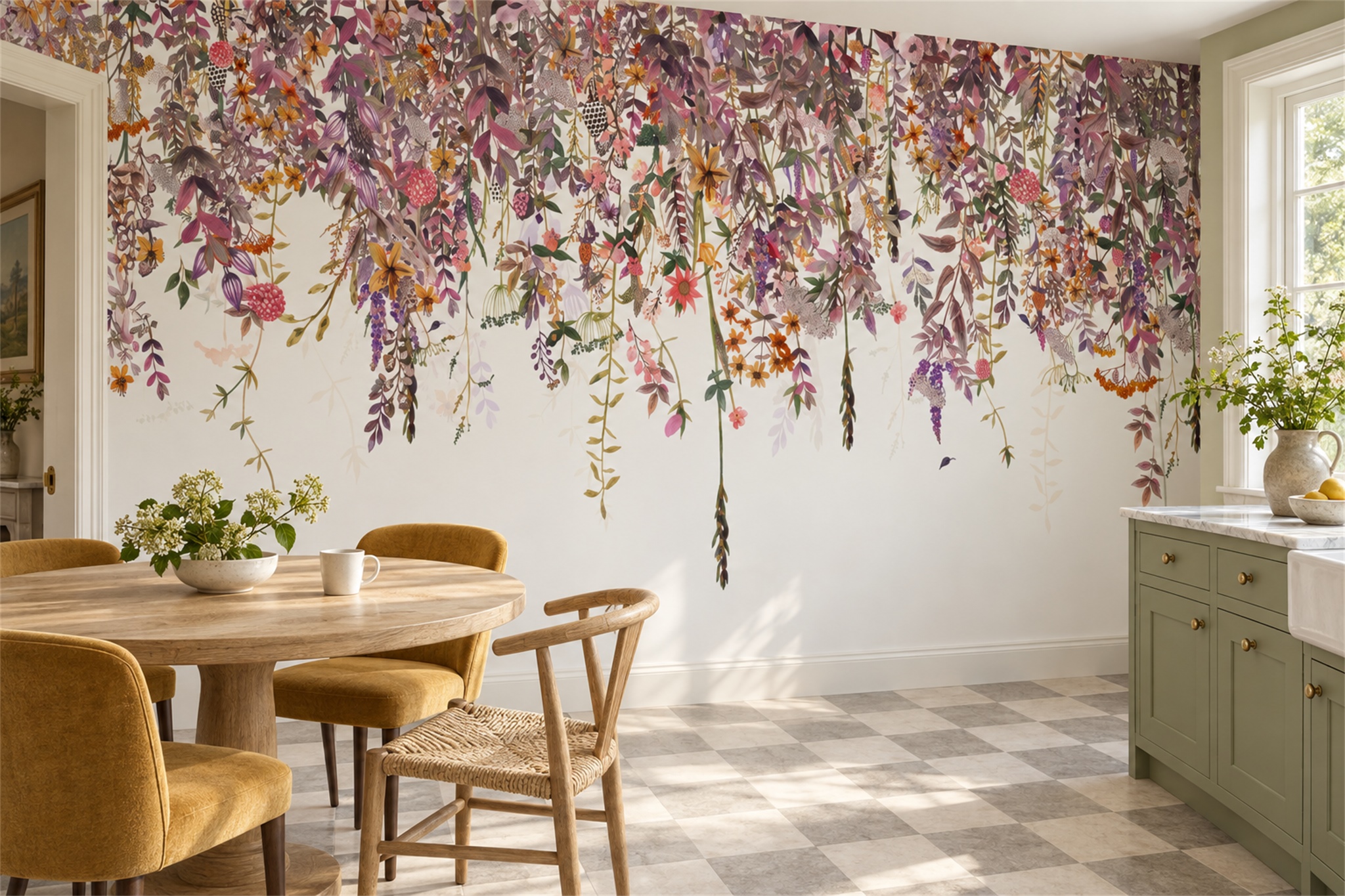 Hanging Wildflower Vines On White Wallpaper Mural — Wallpaper Mural Design, Peel-and-stick Finish