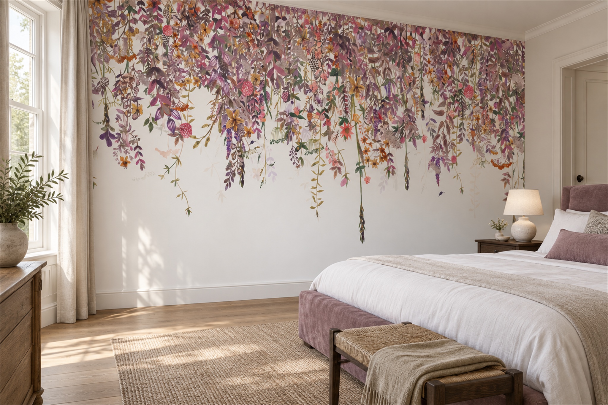 Pink Vine Botanical Abstract Wallpaper Mural Dining-room-wallpaper-murals, Peel-and-stick Finish
