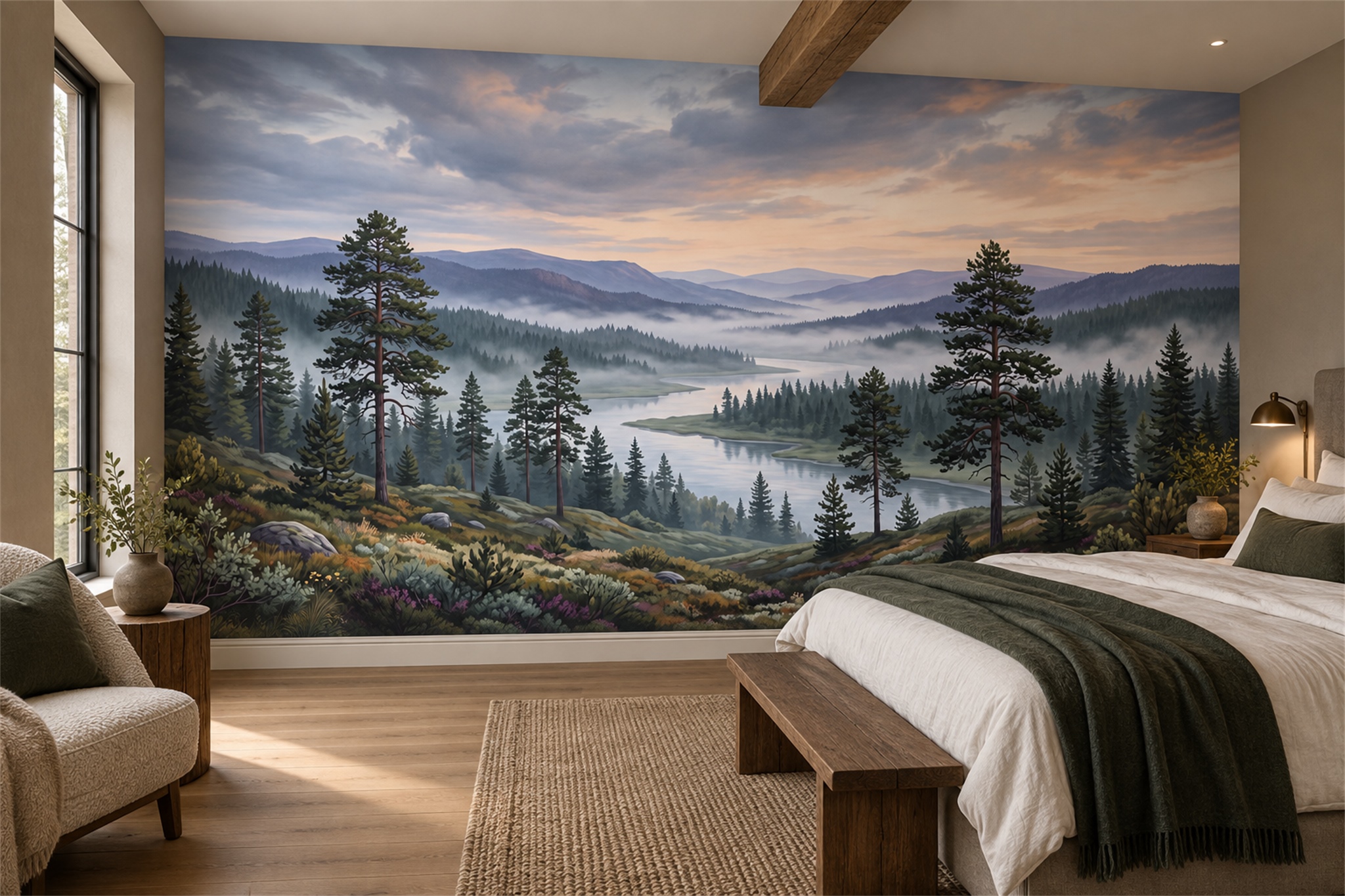 Blue Lake Scenic Layered Wallpaper Mural Bedroom-wallpaper-murals, Peel-and-stick Finish