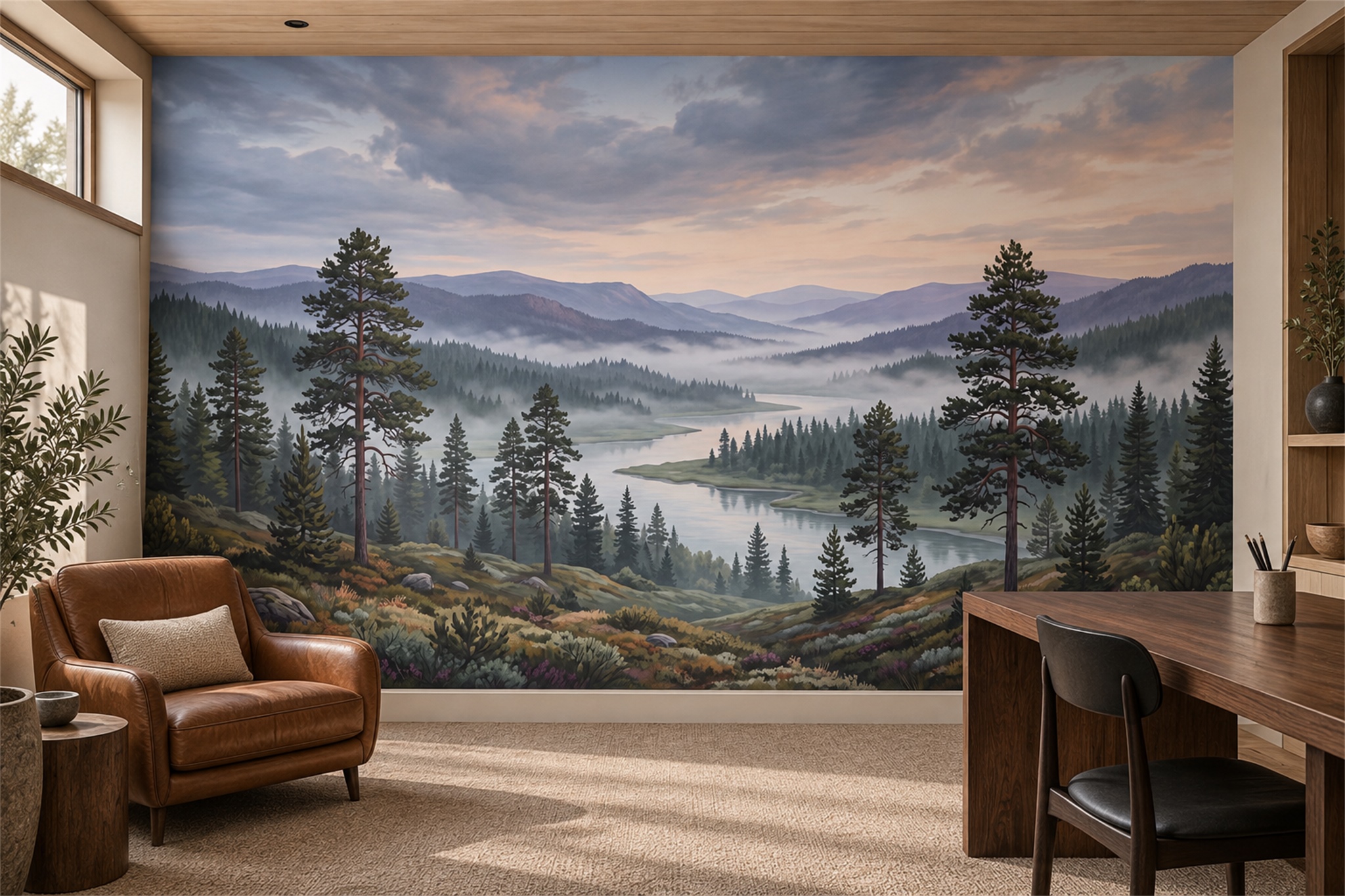 Misty Blue Mountain Lake Landscape Wallpaper Mural — Wallpaper Mural Design, Peel-and-stick Finish