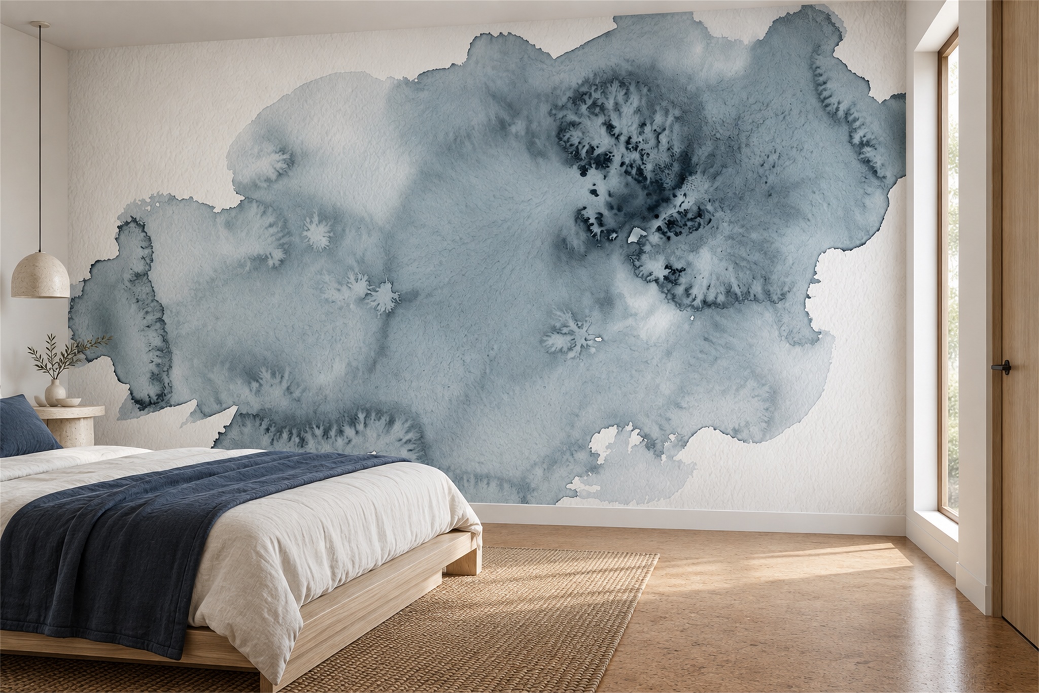 Blue Grey Spreading Ink Wash Wallpaper Mural — Installed Wallpaper Mural In A Bedroom, Peel-and-stick Finish