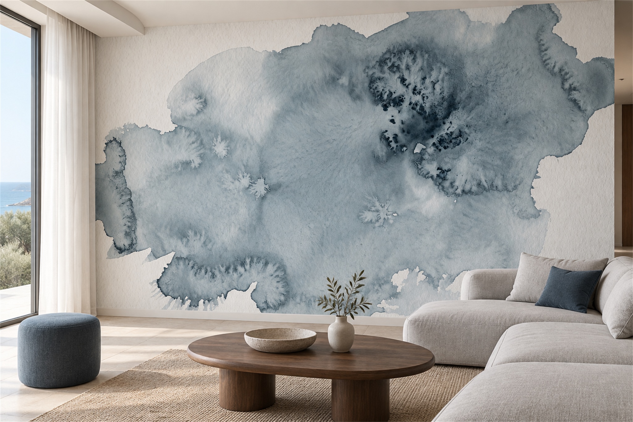 Blue Fluid Artful Wallpaper Mural Accent-wall-wallpaper-murals, Peel-and-stick Finish