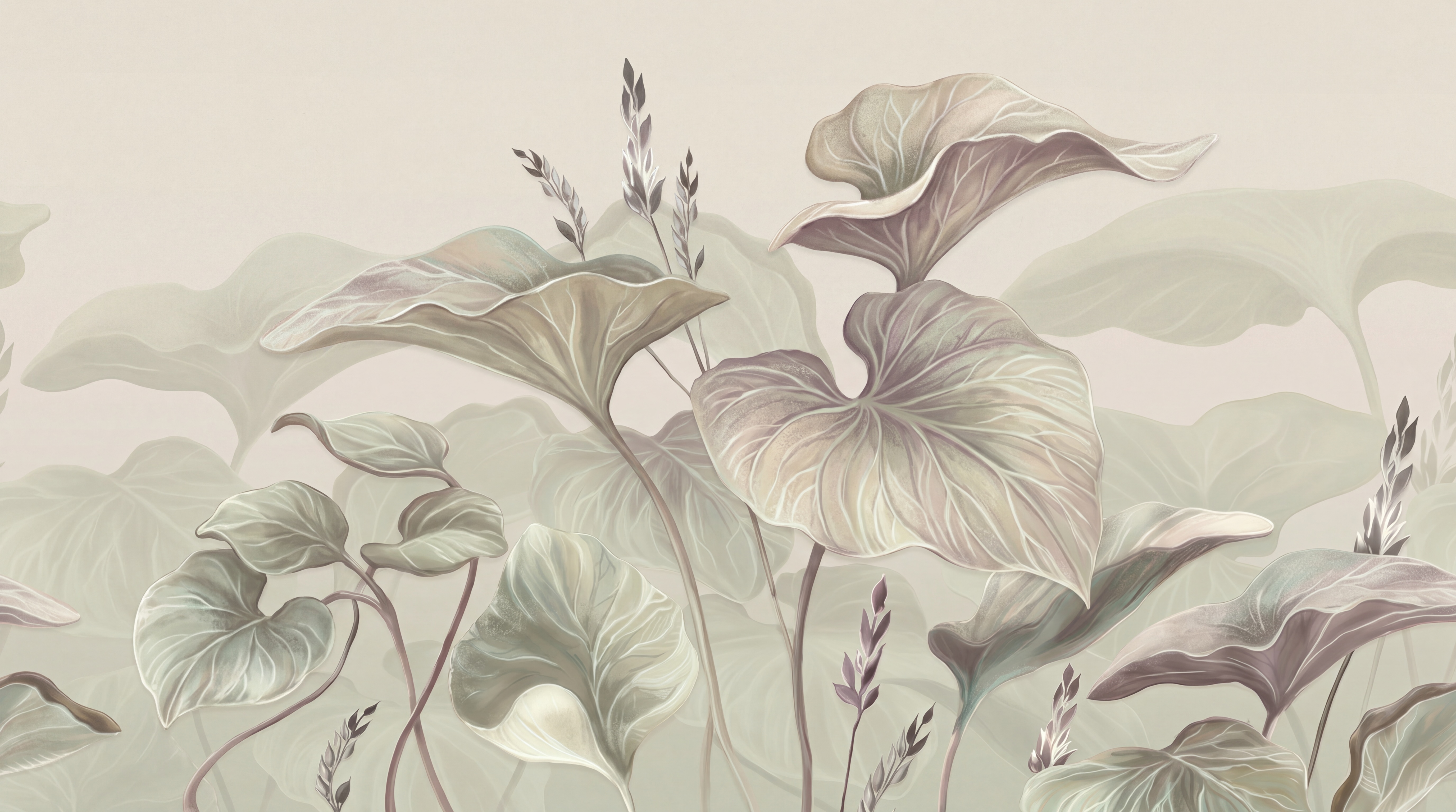 Sage Leaf Botanical Layered Wallpaper Mural, Peel-and-stick Finish