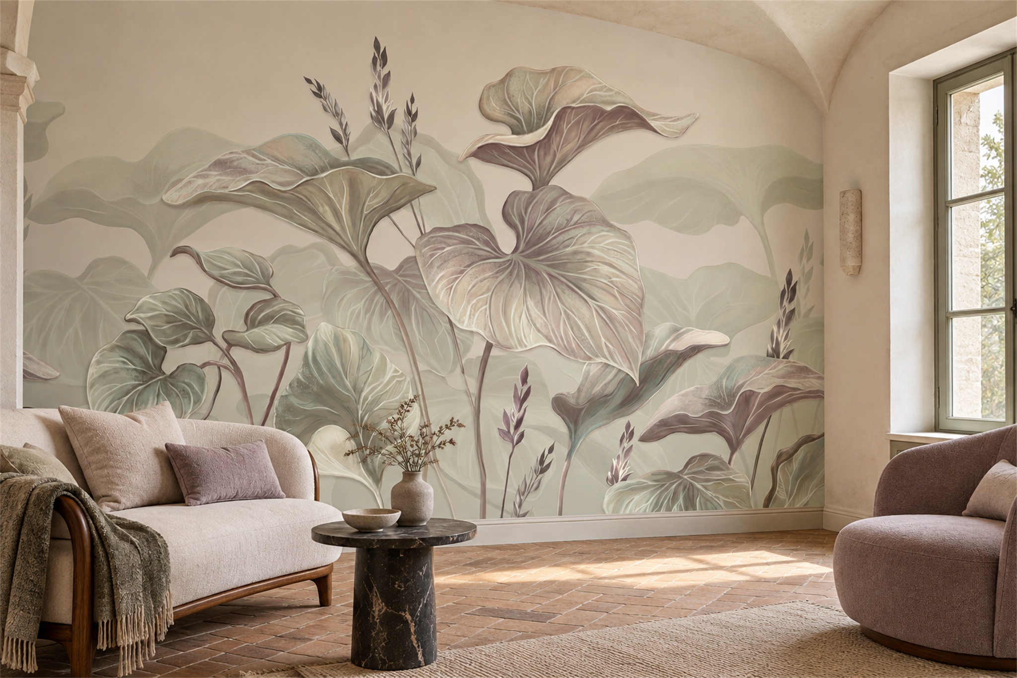 Oversized Sage And Taupe Botanical Leaves Wallpaper Mural — Wallpaper Mural Design, Peel-and-stick Finish