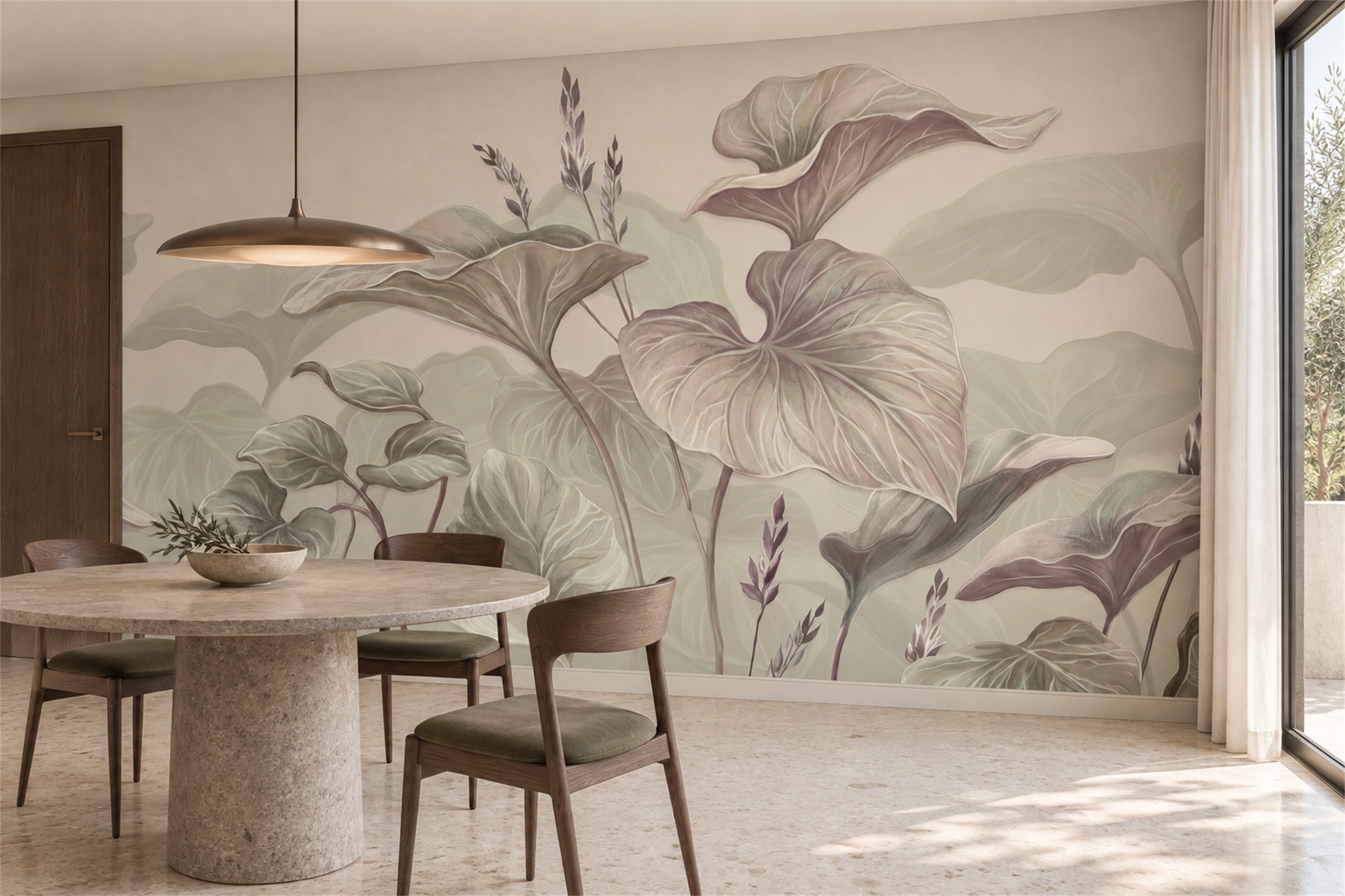 Sage Leaf Botanical Layered Wallpaper Mural Dining-room-wallpaper-murals, Shown In A Dining Room, Peel-and-stick Finish