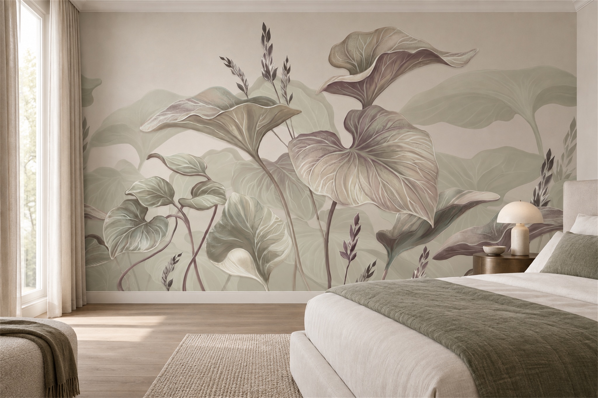 Sage Leaf Botanical Layered Wallpaper Mural Living-room-wallpaper-murals, Peel-and-stick Finish