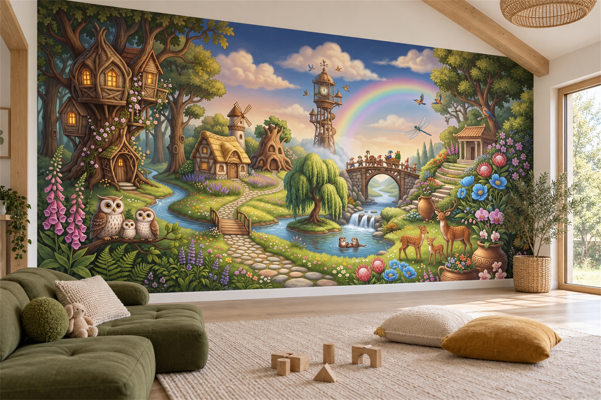 Green Pattern Decorative Wallpaper Mural Layered Tones Wallpaper Mural Kids-room-wallpaper-murals, Peel-and-stick Finish