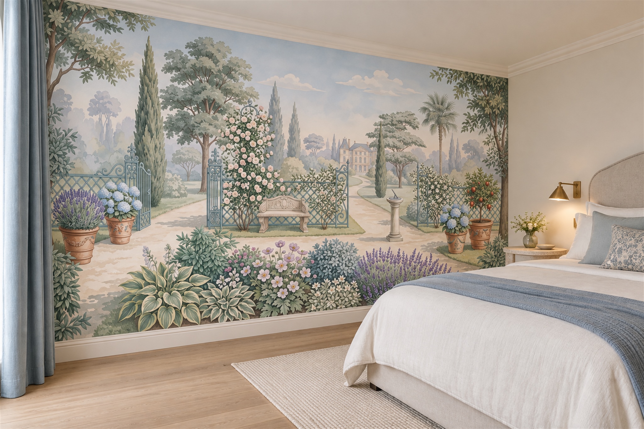 Sage Garden Scenic Watercolour Wallpaper Mural Bedroom-wallpaper-murals, Peel-and-stick Finish