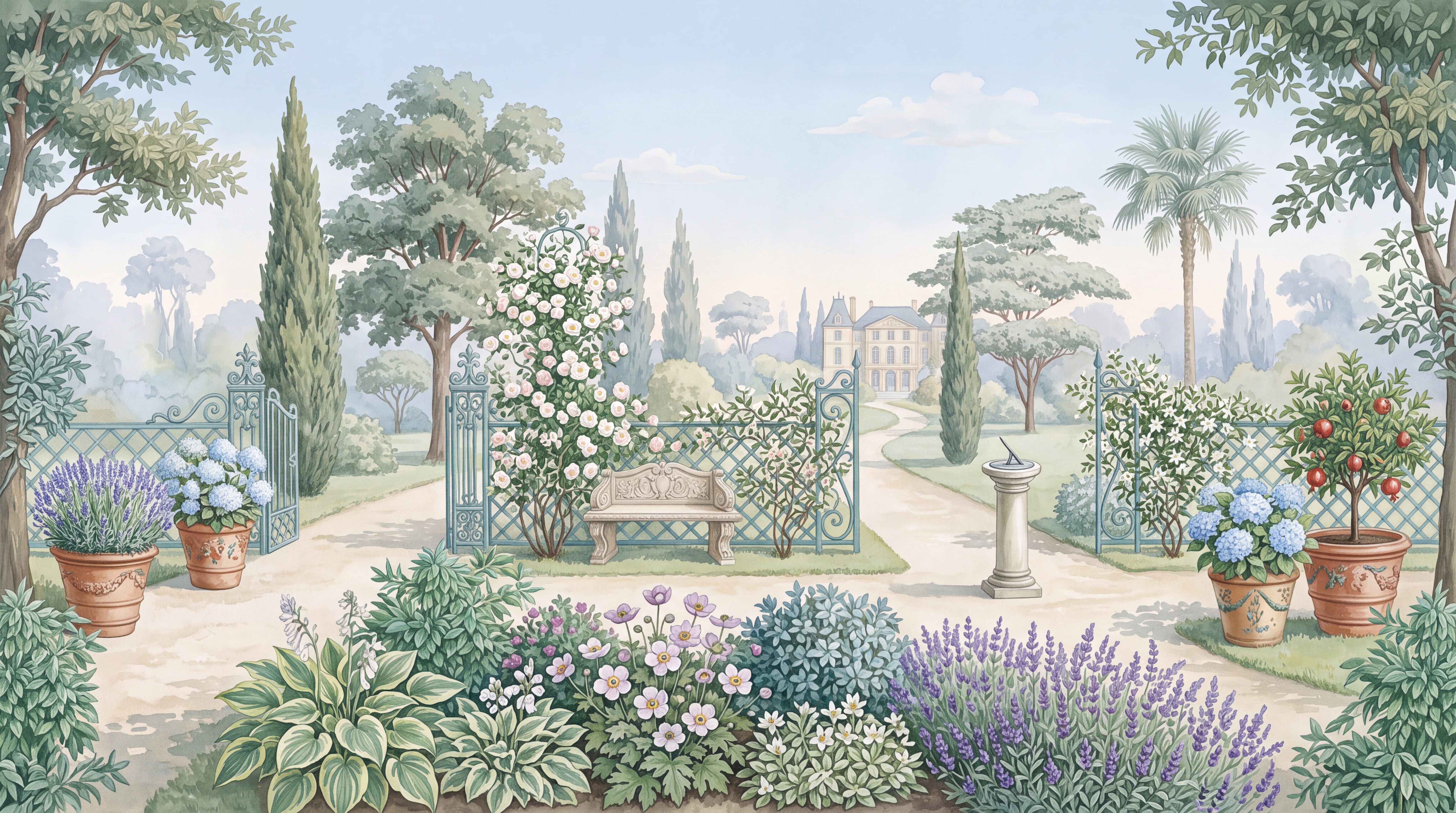 Sage Garden Scenic Watercolour Wallpaper Mural, Peel-and-stick Finish
