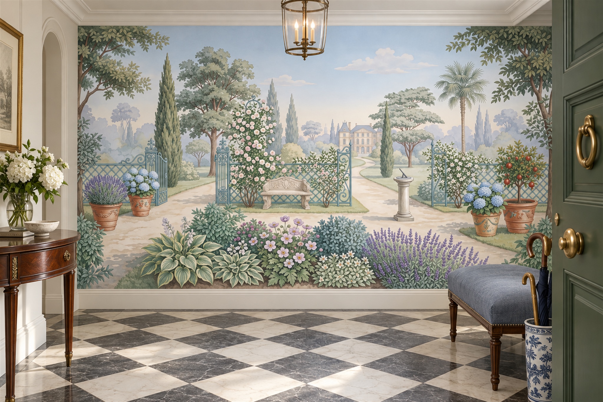 Sage Garden Scenic Watercolour Wallpaper Mural Entryway-wallpaper-murals, Peel-and-stick Finish