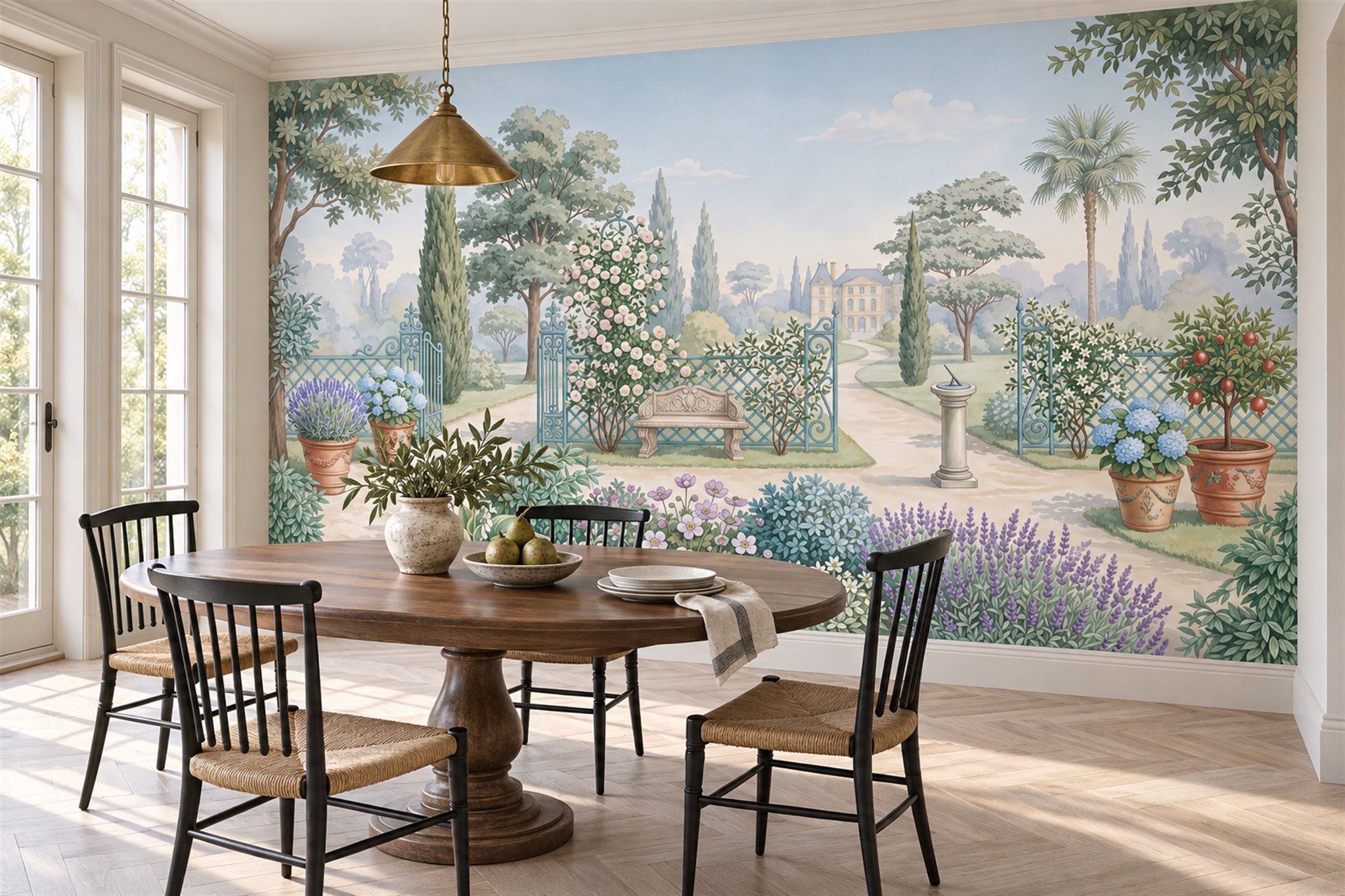 Sage Formal Garden With Rose Arch Wallpaper Mural — Wallpaper Mural Design, Peel-and-stick Finish