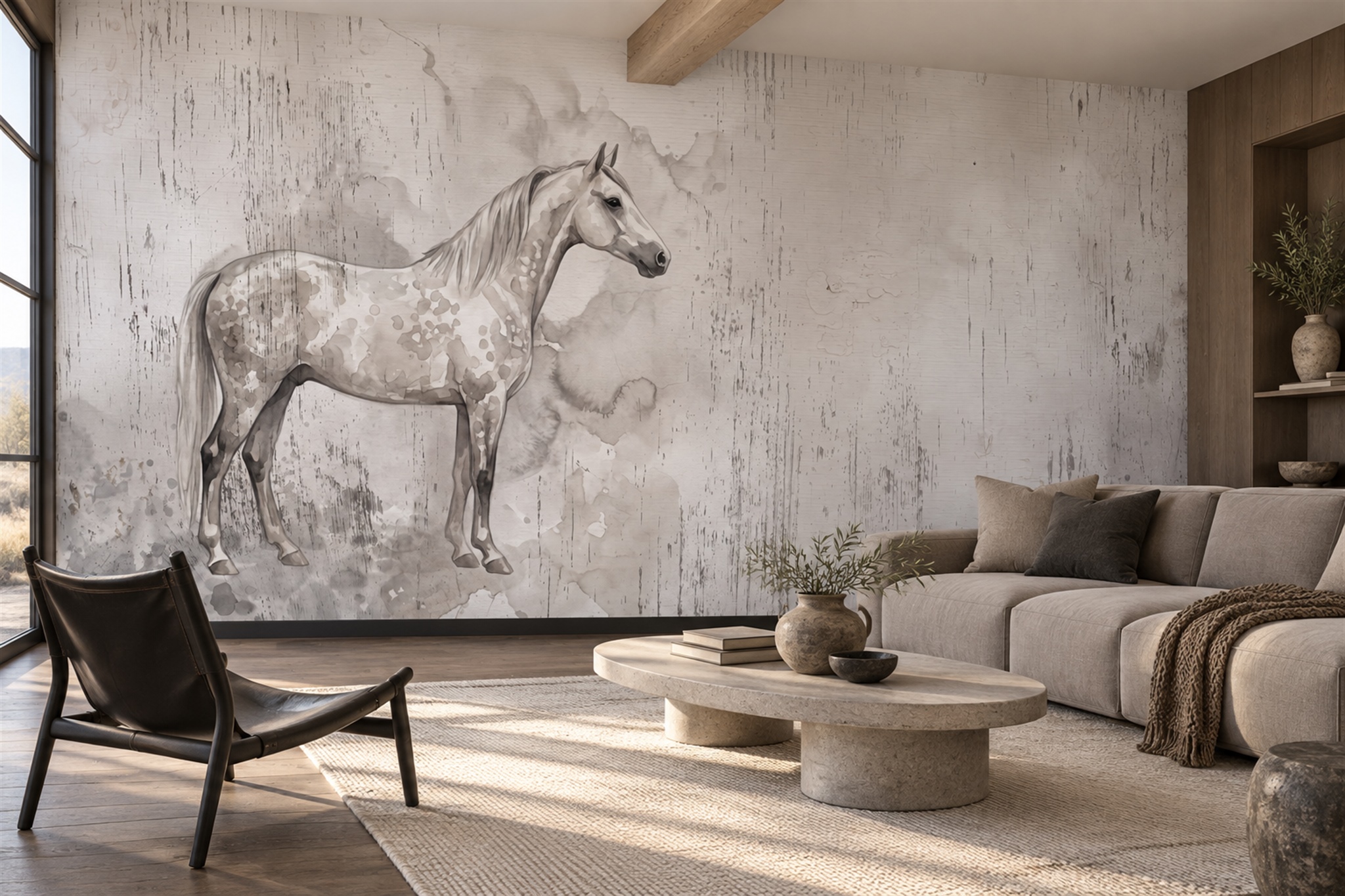 White Horse On A Mottled Grey Ground Wallpaper Mural — Wallpaper Mural Design, Peel-and-stick Finish