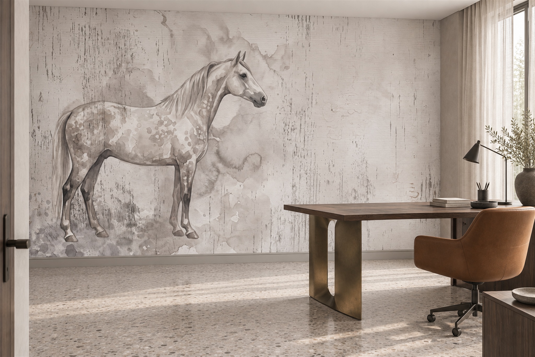 How Mural Wallpaper Can Improve a Home Office — installed wallpaper mural in a home office, peel-and-stick finish
