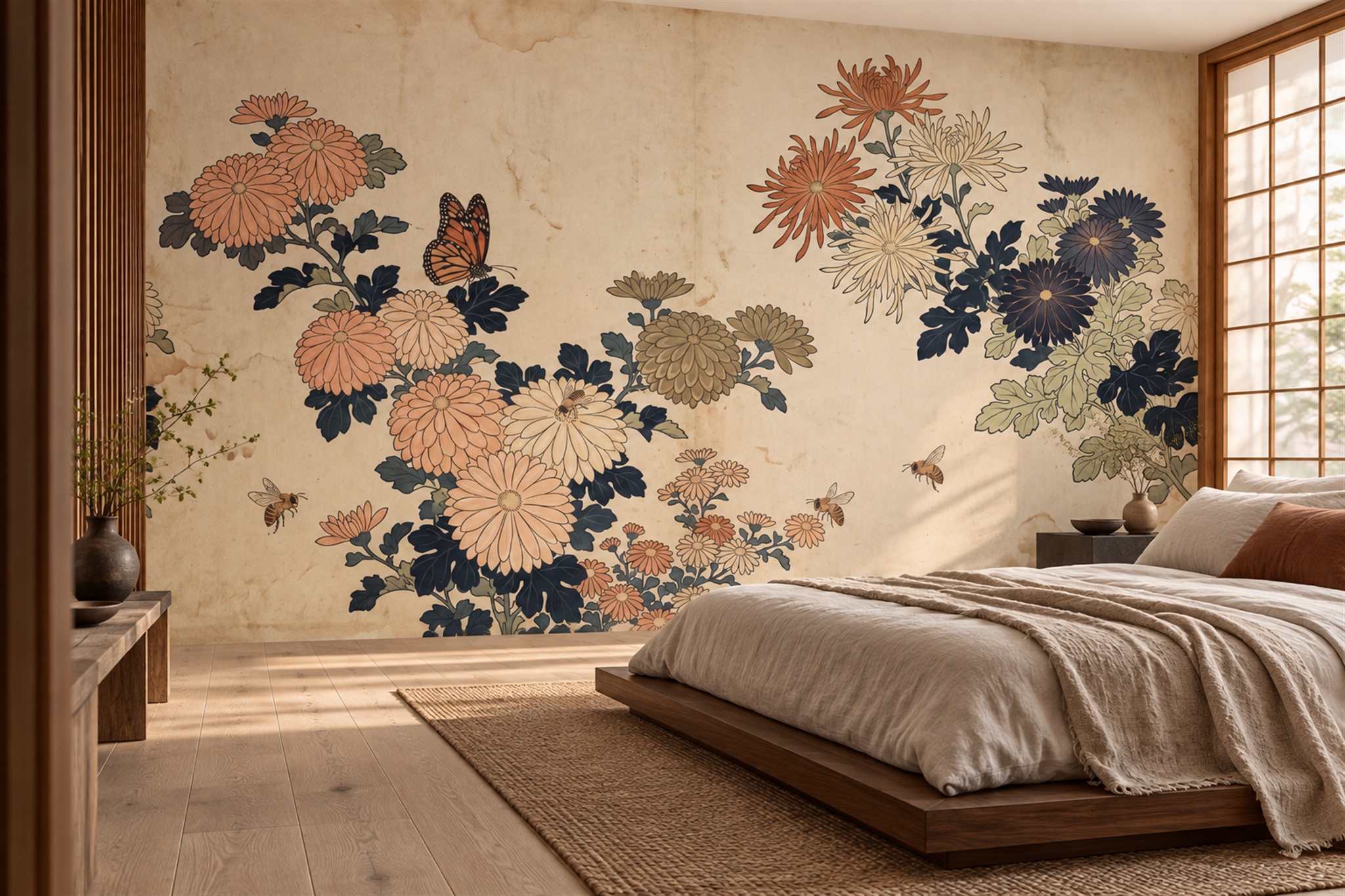 Vintage Peach Chrysanthemum And Butterfly Wallpaper Mural — Installed Wallpaper Mural In A Bedroom, Peel-and-stick Finish