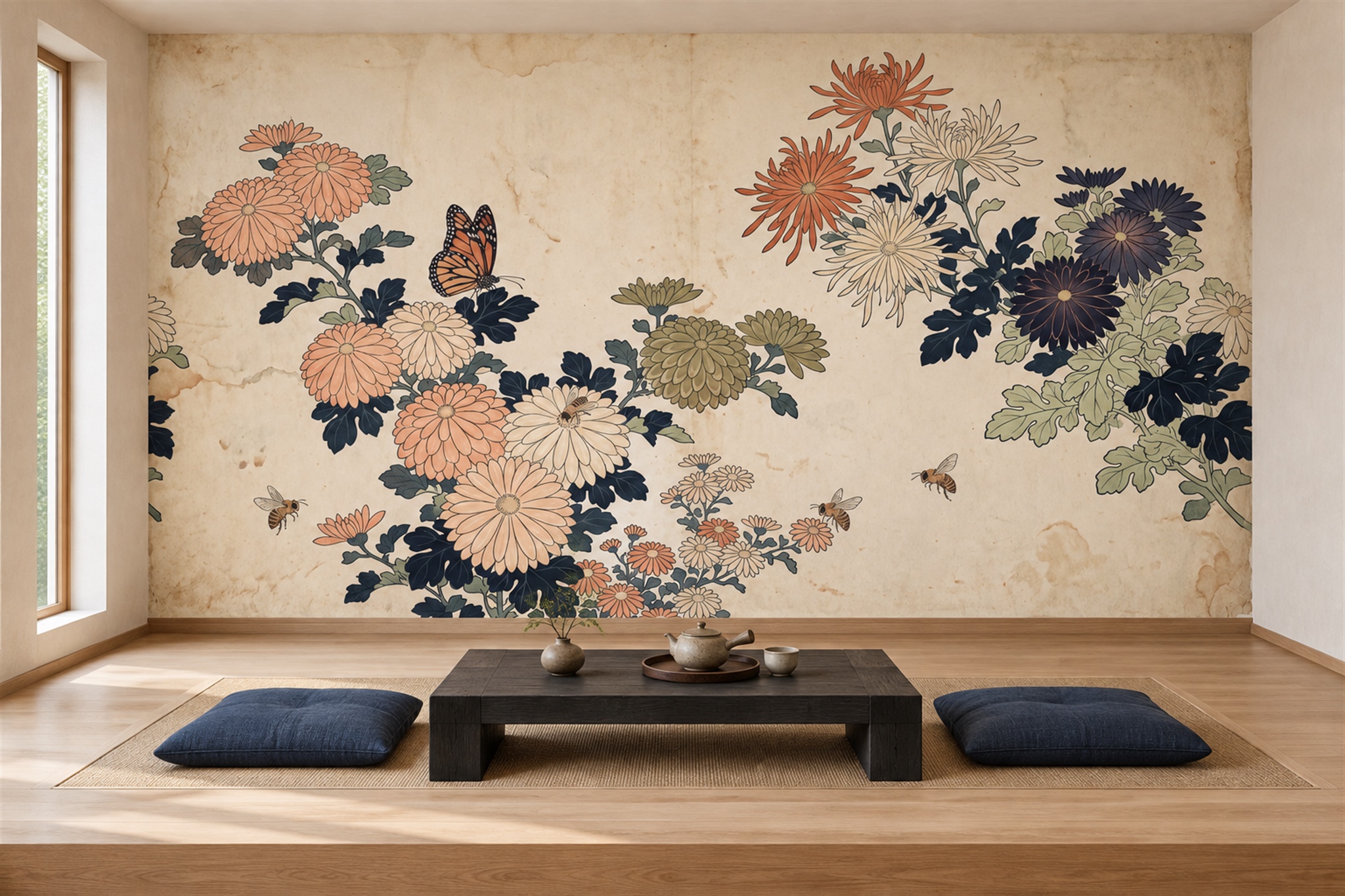 Peach Floral Botanical Wallpaper Mural Accent-wall-wallpaper-murals, Peel-and-stick Finish