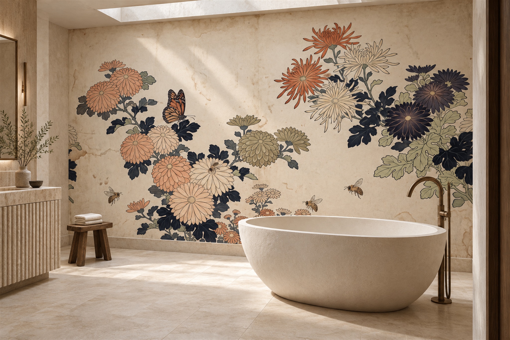 Peach Floral Botanical Wallpaper Mural Bathroom-wallpaper-murals, Peel-and-stick Finish