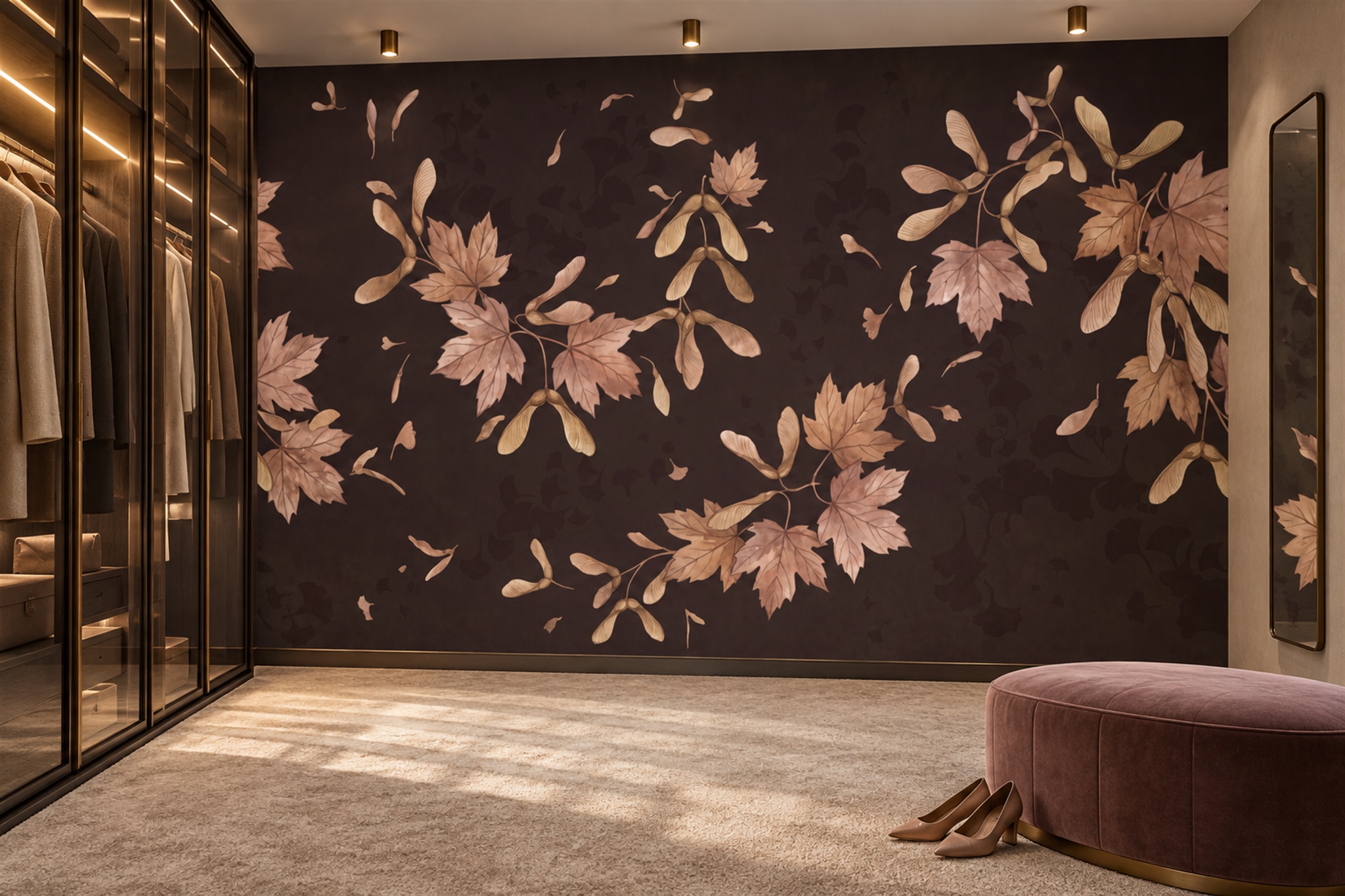 Brown Leaf Botanical Wallpaper Mural Accent-wall-wallpaper-murals, Peel-and-stick Finish