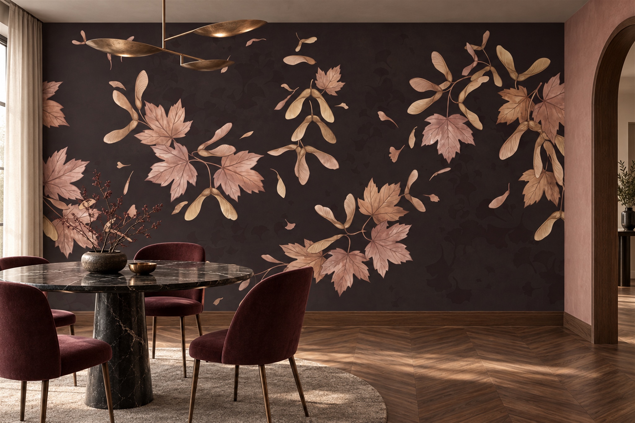 Brown Leaf Botanical Wallpaper Mural Dining-room-wallpaper-murals, Shown In A Dining Room, Peel-and-stick Finish