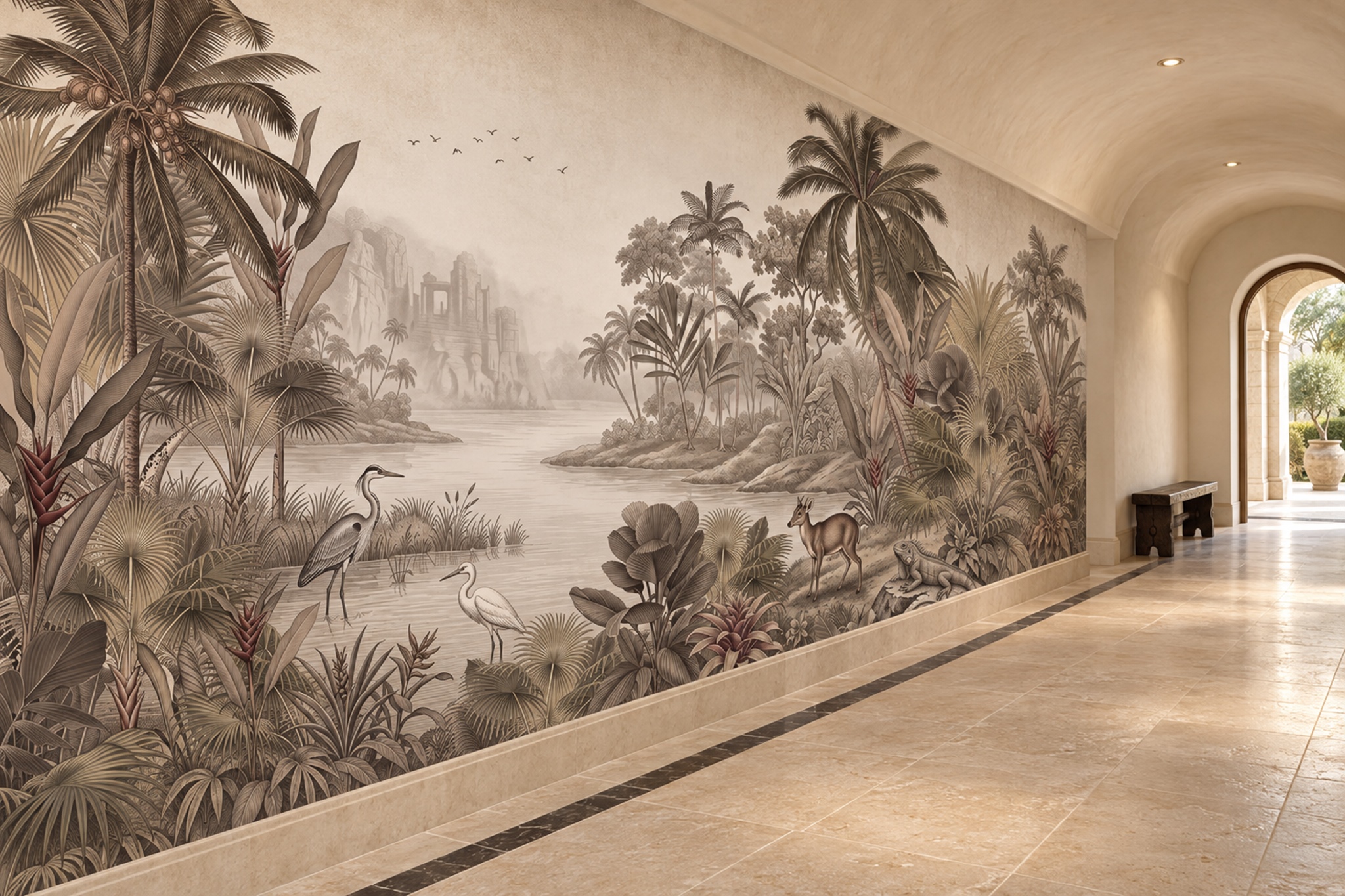 Sepia Tropical Artful Decorative Wallpaper Mural Hallway-wallpaper-murals, Peel-and-stick Finish