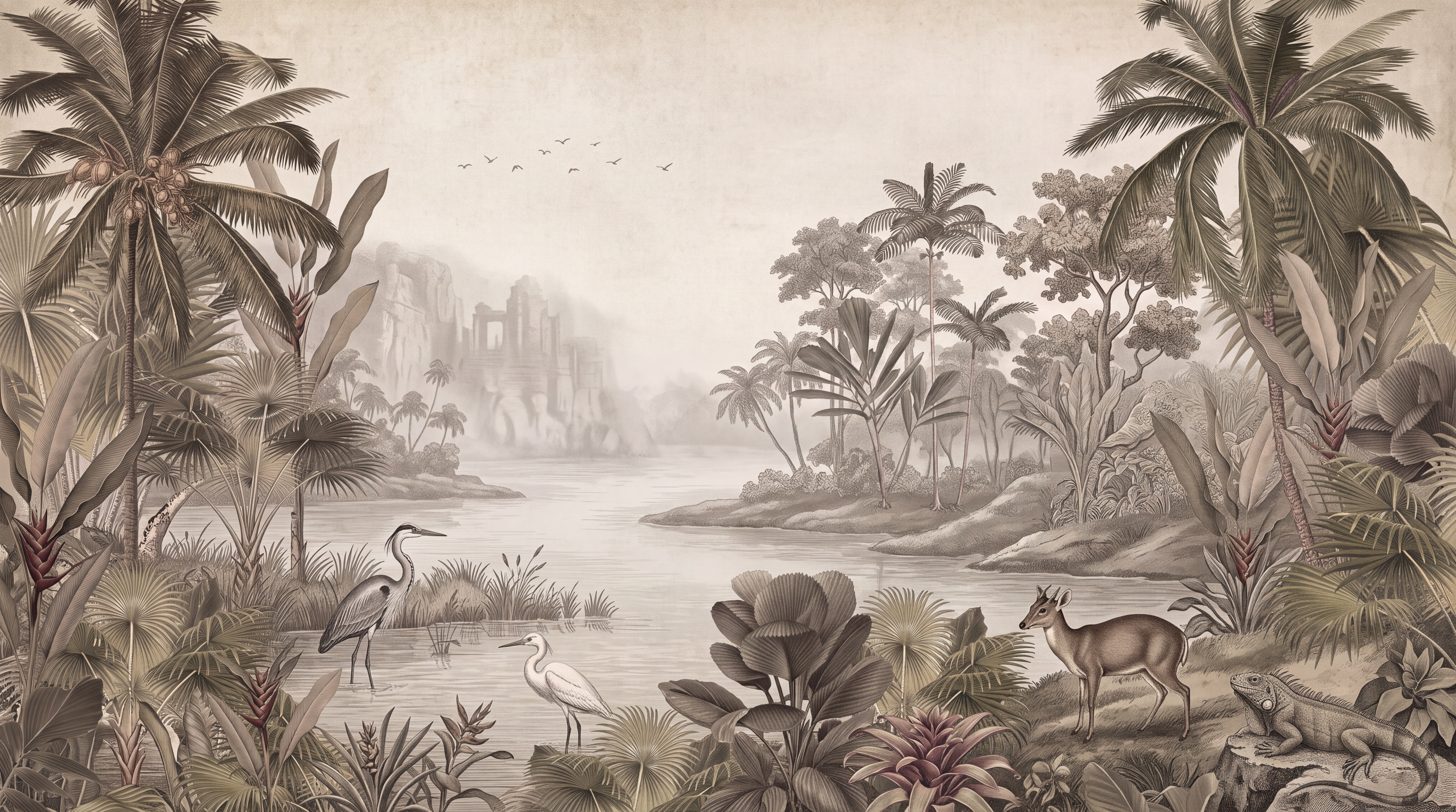 Sepia Tropical Artful Decorative Wallpaper Mural, Peel-and-stick Finish