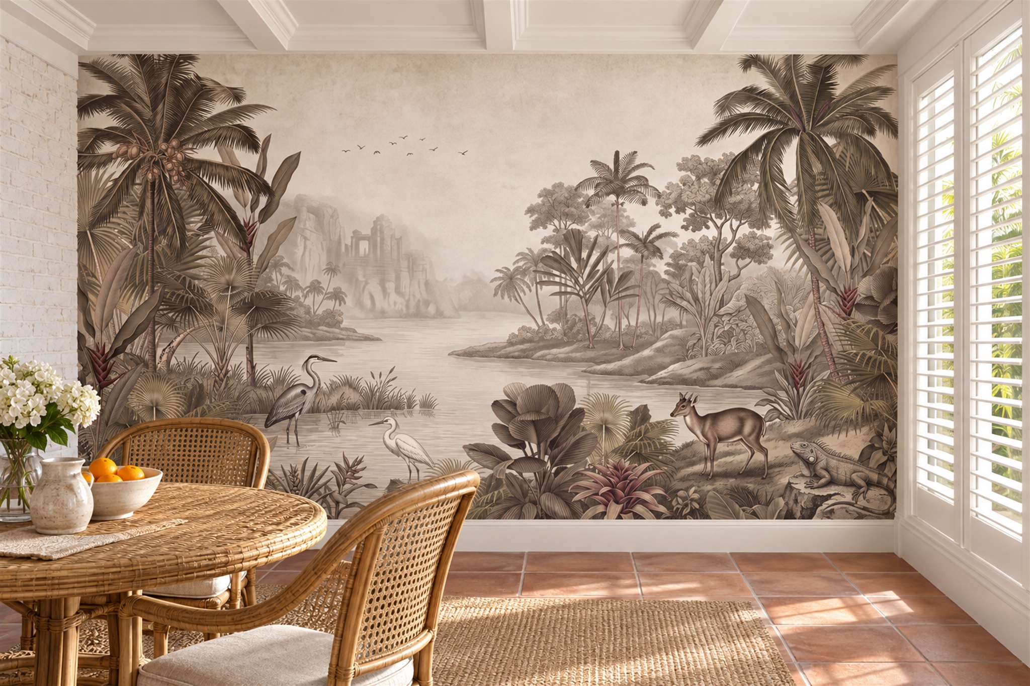 Sepia Tropical Artful Decorative Wallpaper Mural Dining-room-wallpaper-murals, Shown In A Dining Room, Peel-and-stick Finish