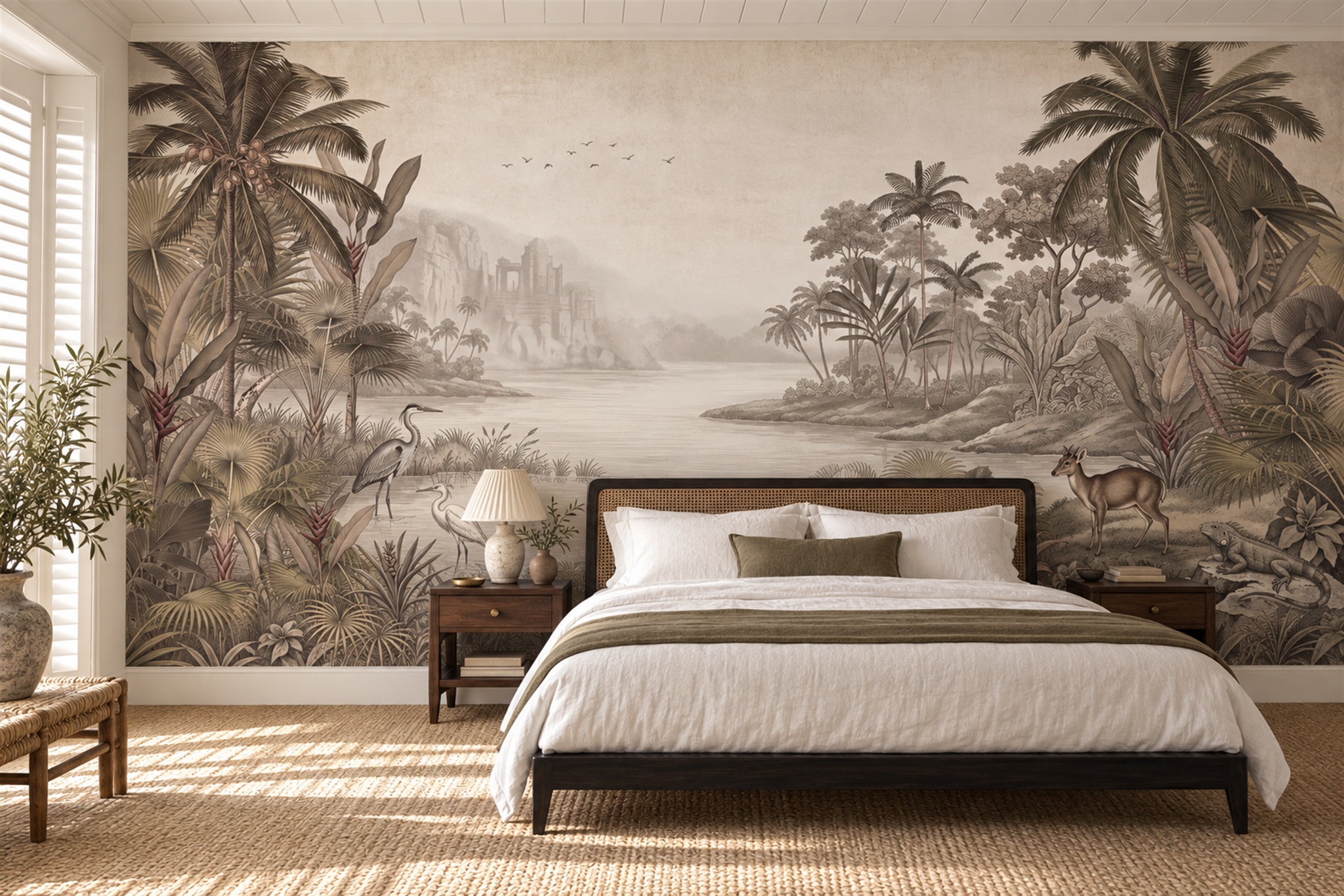 Sepia Tropical River With Palms And Wildlife Wallpaper Mural — Installed Wallpaper Mural In A Bedroom, Peel-and-stick Finish